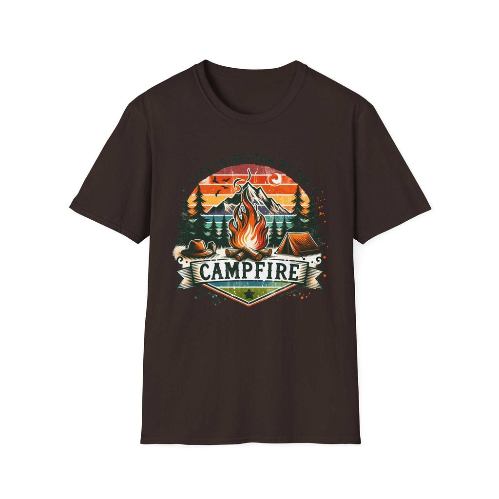 Camping Adventure Unisex T-Shirt with vibrant campfire graphic and outdoor design on dark fabric