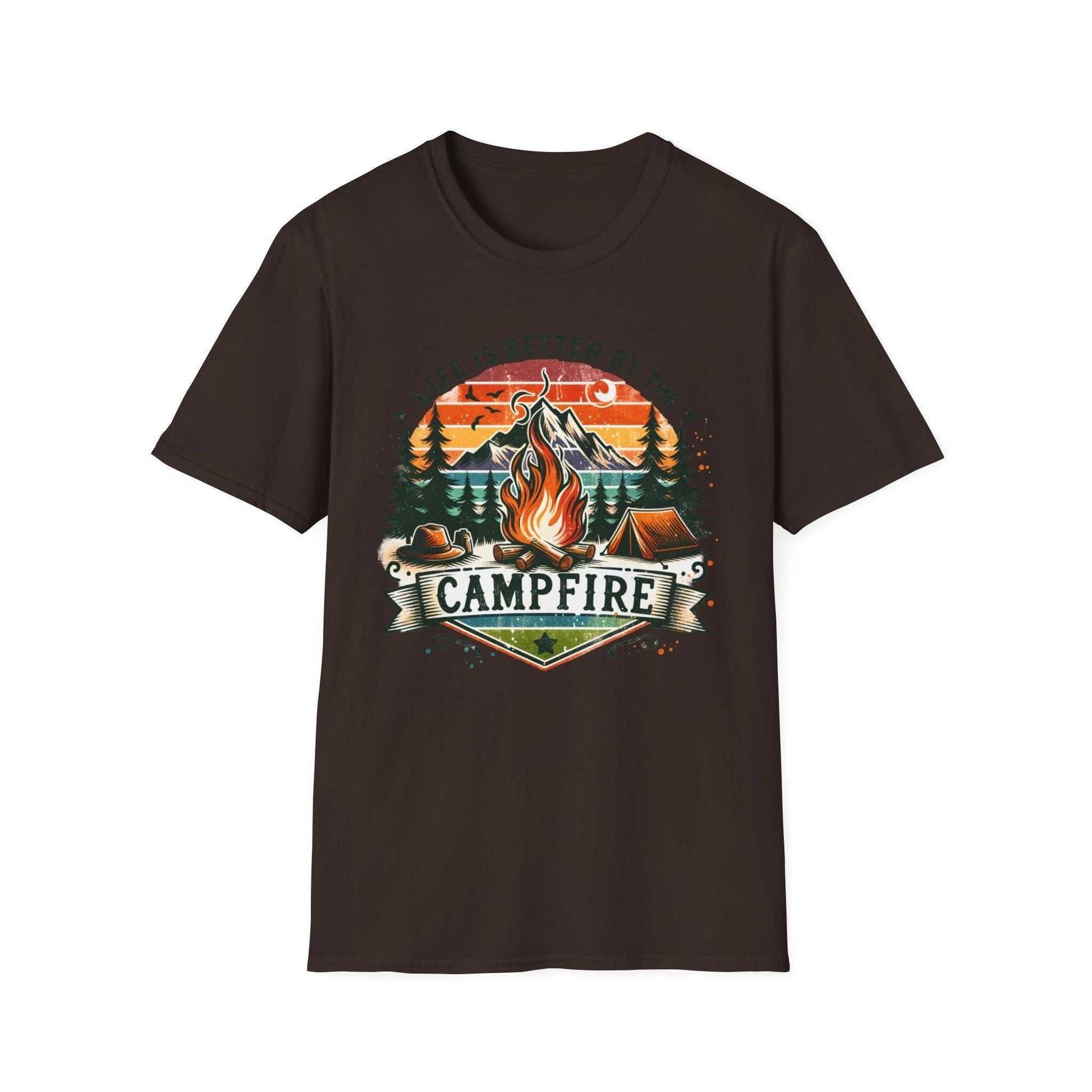 Camping Adventure Unisex T-Shirt with vibrant campfire graphic and outdoor design on dark fabric