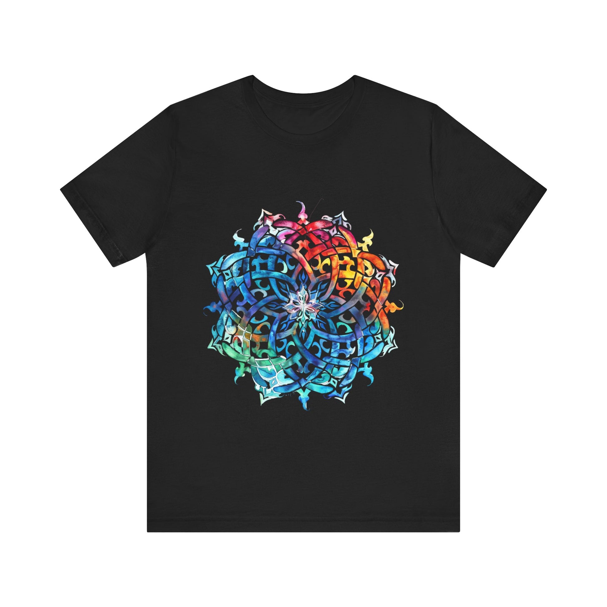Artistic tee with a radiant rainbow mandala design, available in vibrant color options