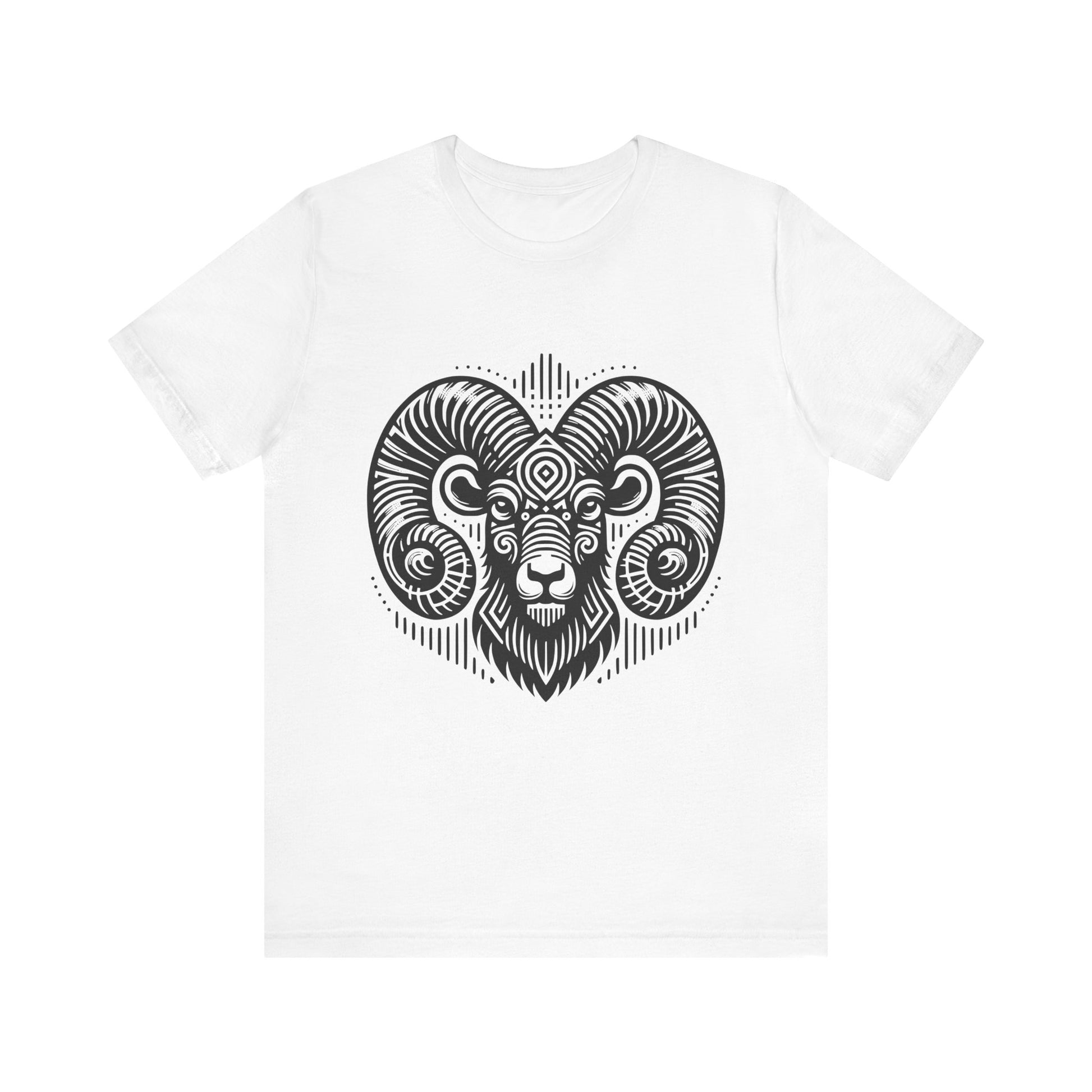 Striking tee with an intricate black tribal ram design, offered in vibrant color options