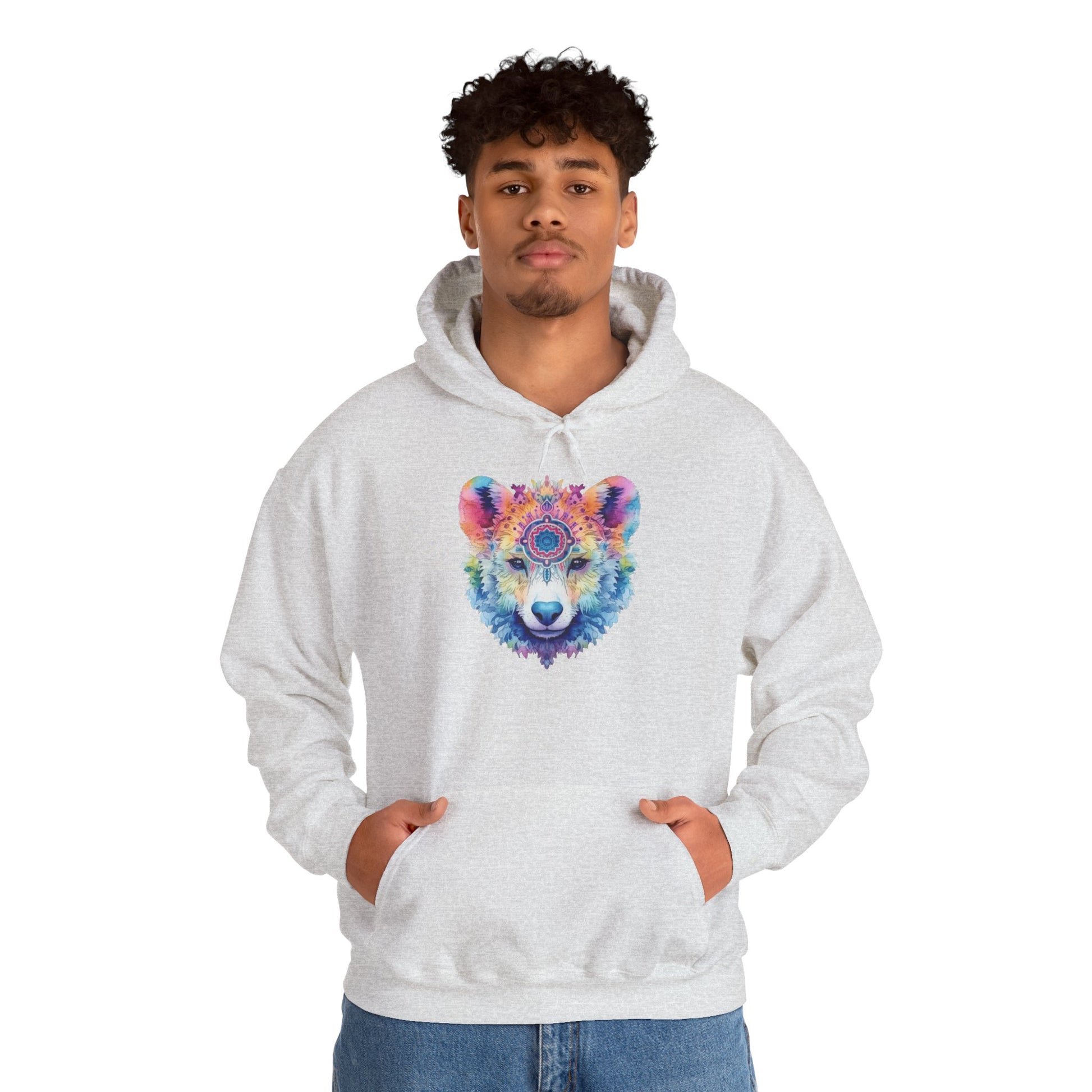 Mandala Bear Hoodie – Vibrant Watercolor Animal Art Sweatshirt for Bold, Free-Spirited Souls