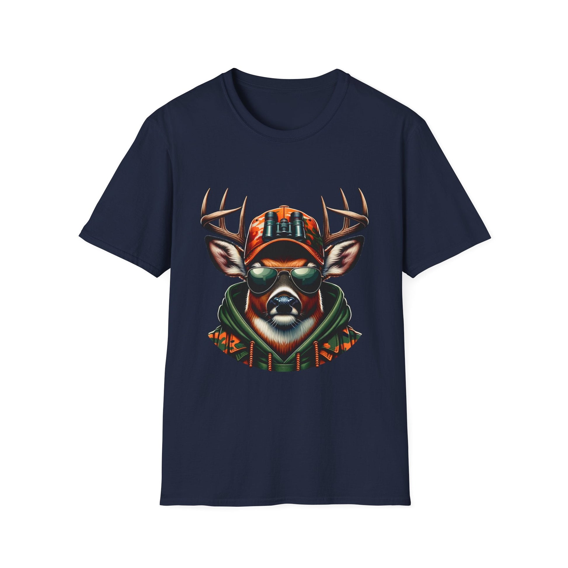 Navy Hunting Enthusiast T-Shirt featuring cool deer with sunglasses and hunting gear graphic design.