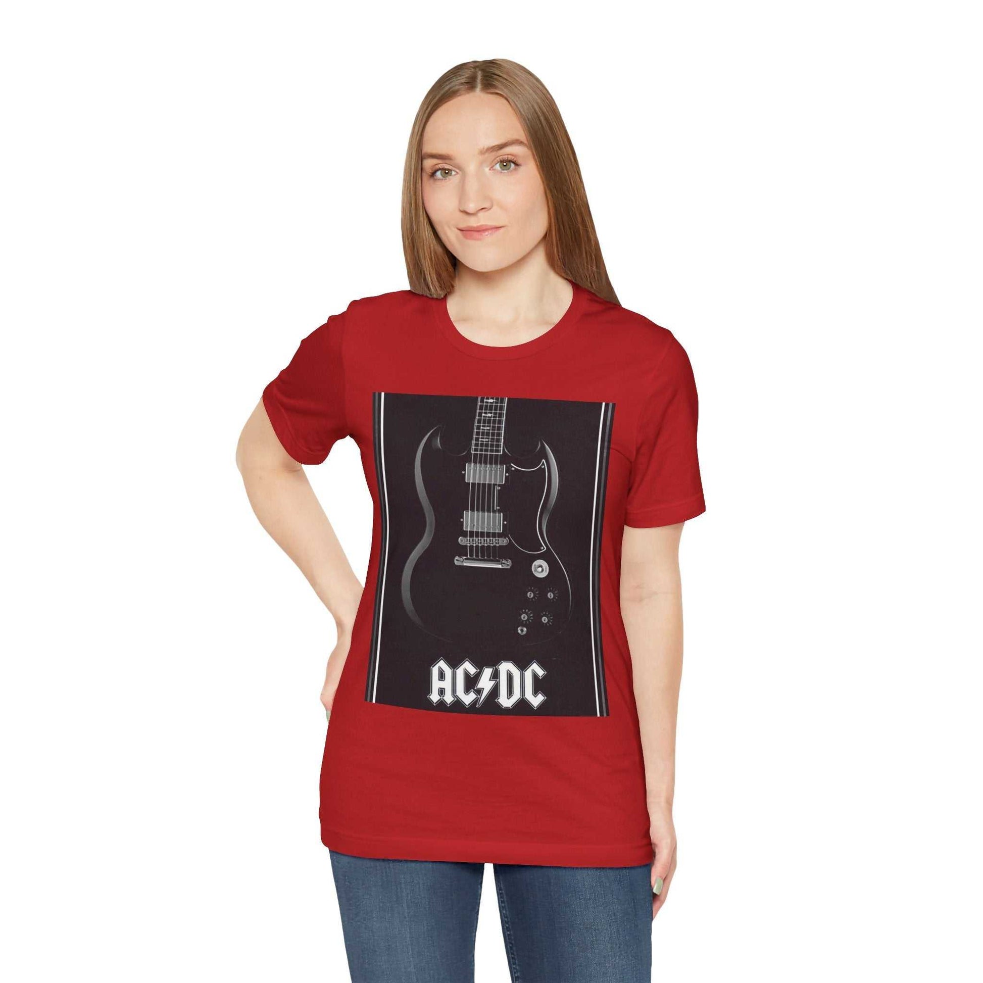 Woman wearing red rock guitar graphic tee with AC/DC logo and electric guitar print