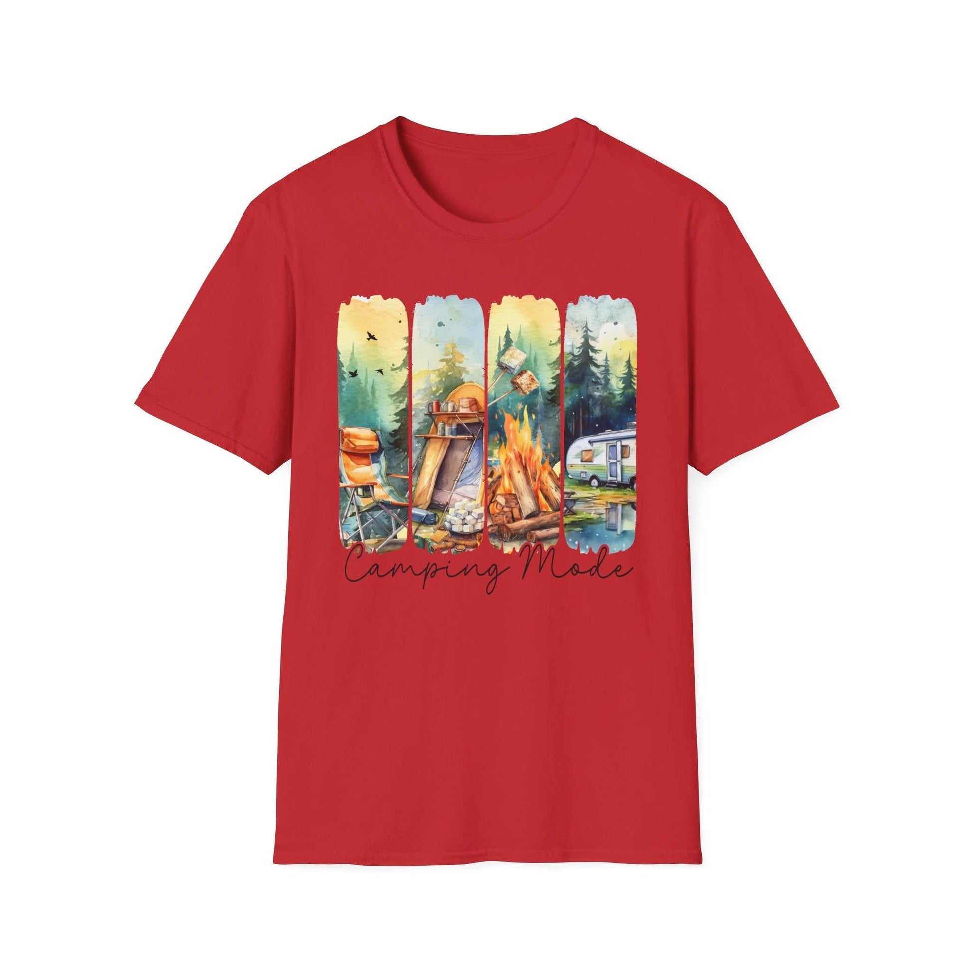 Red unisex t-shirt with colorful camping-themed design featuring a tent, campfire, forest, and camper trailer.
