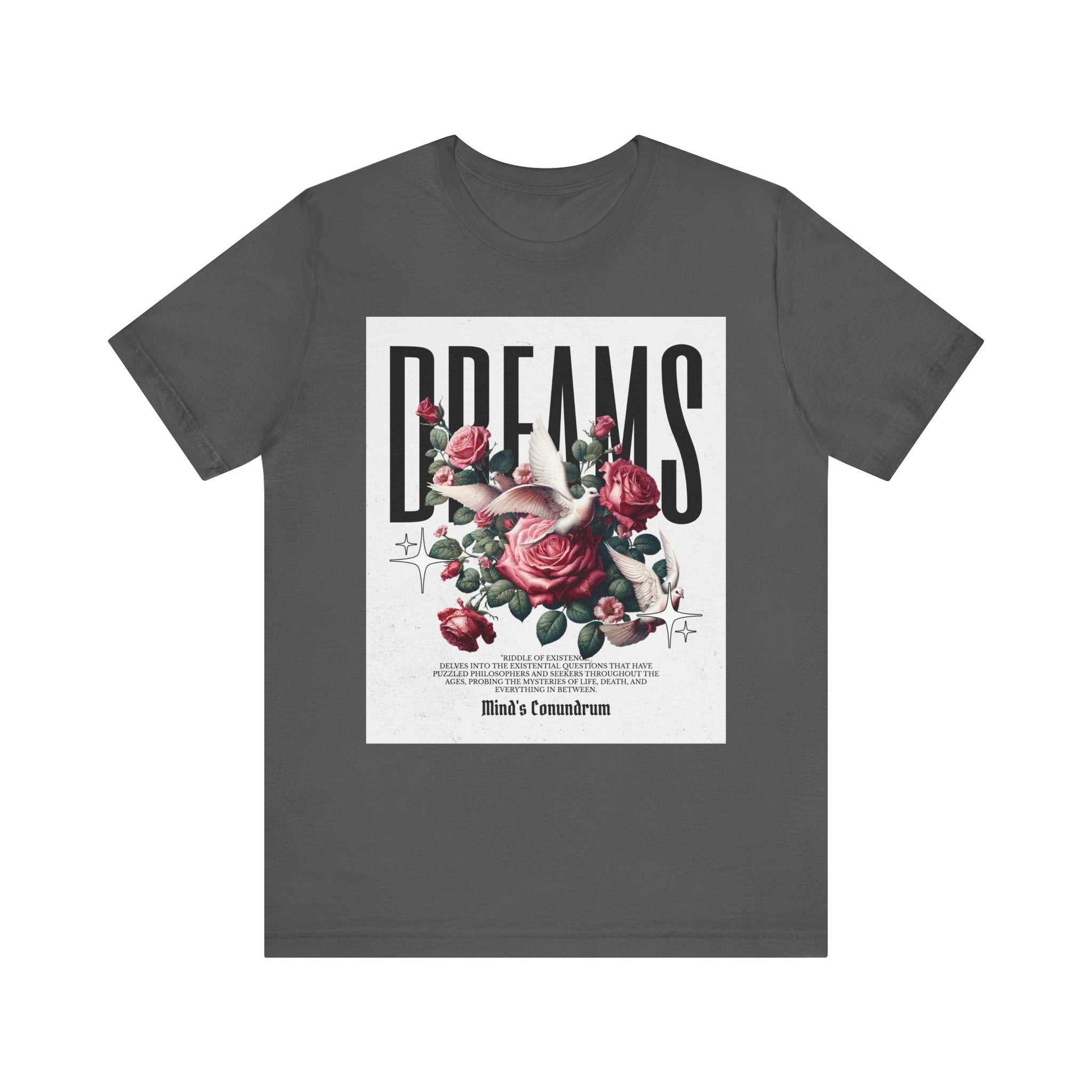 Dark gray Dreams Floral Tee with bold text and detailed red rose graphic design on front