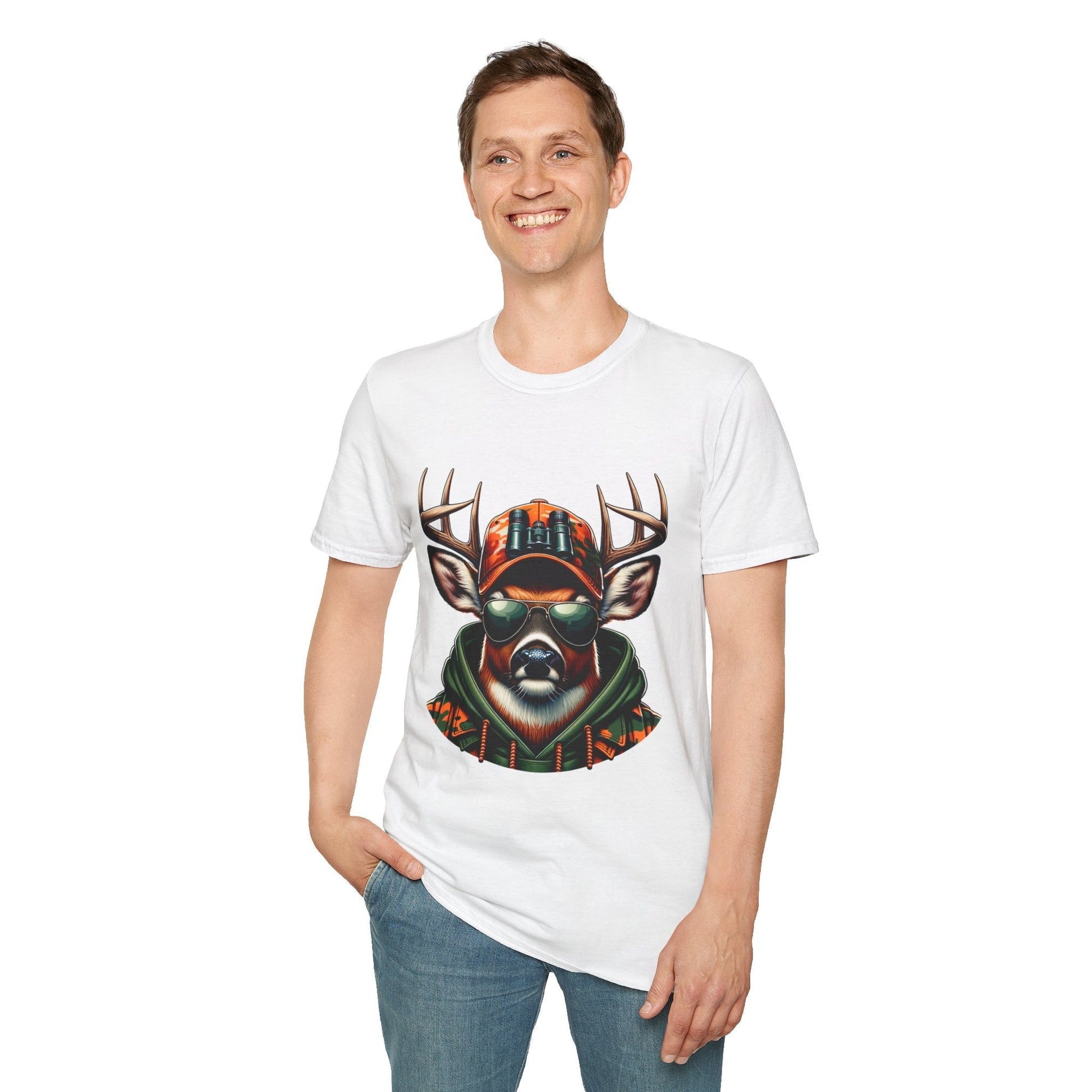 Man wearing white Hunting Enthusiast T-Shirt with deer graphic in sunglasses and cap