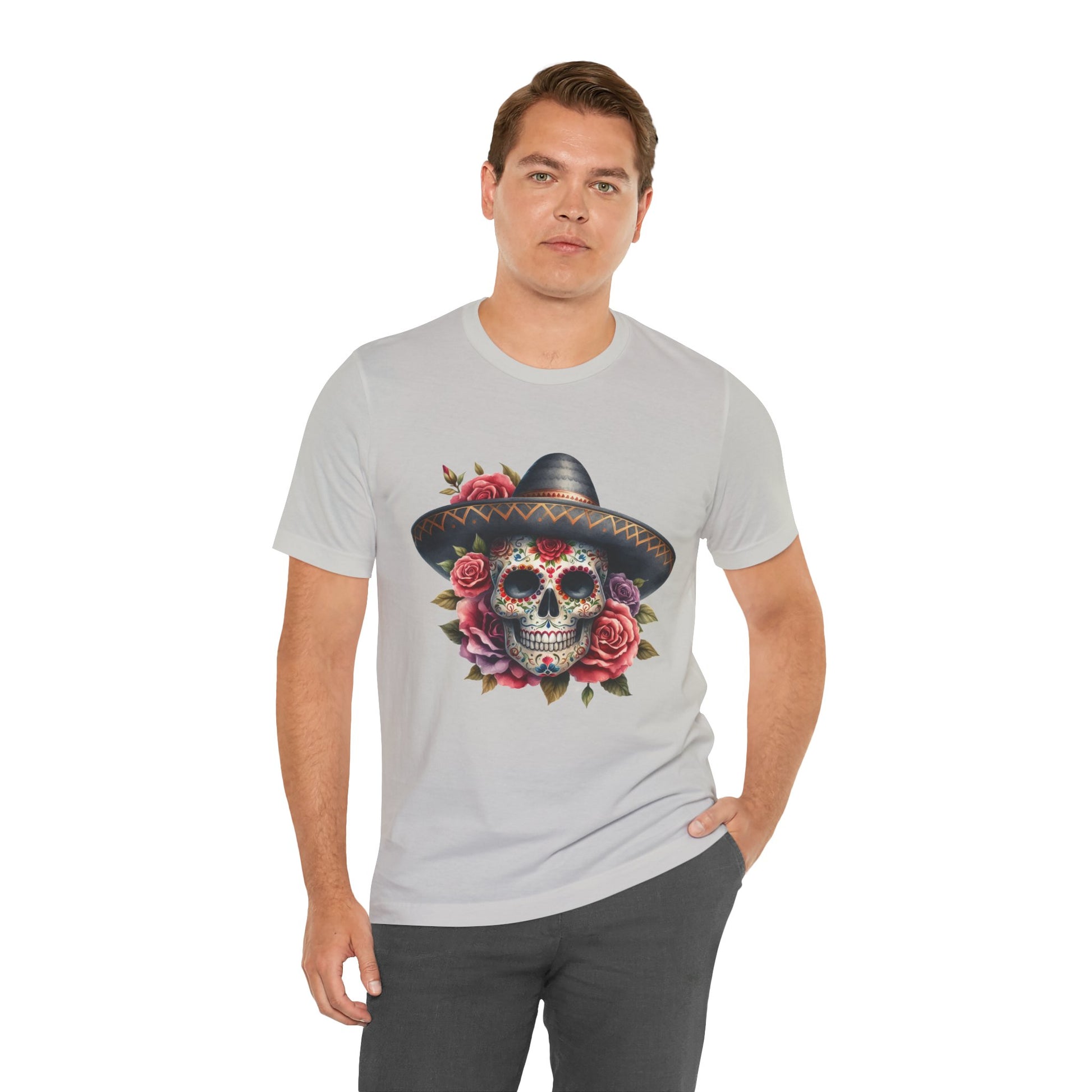 Colorful tee featuring a sugar skull in sombrero and roses for vibrant fiesta vibes