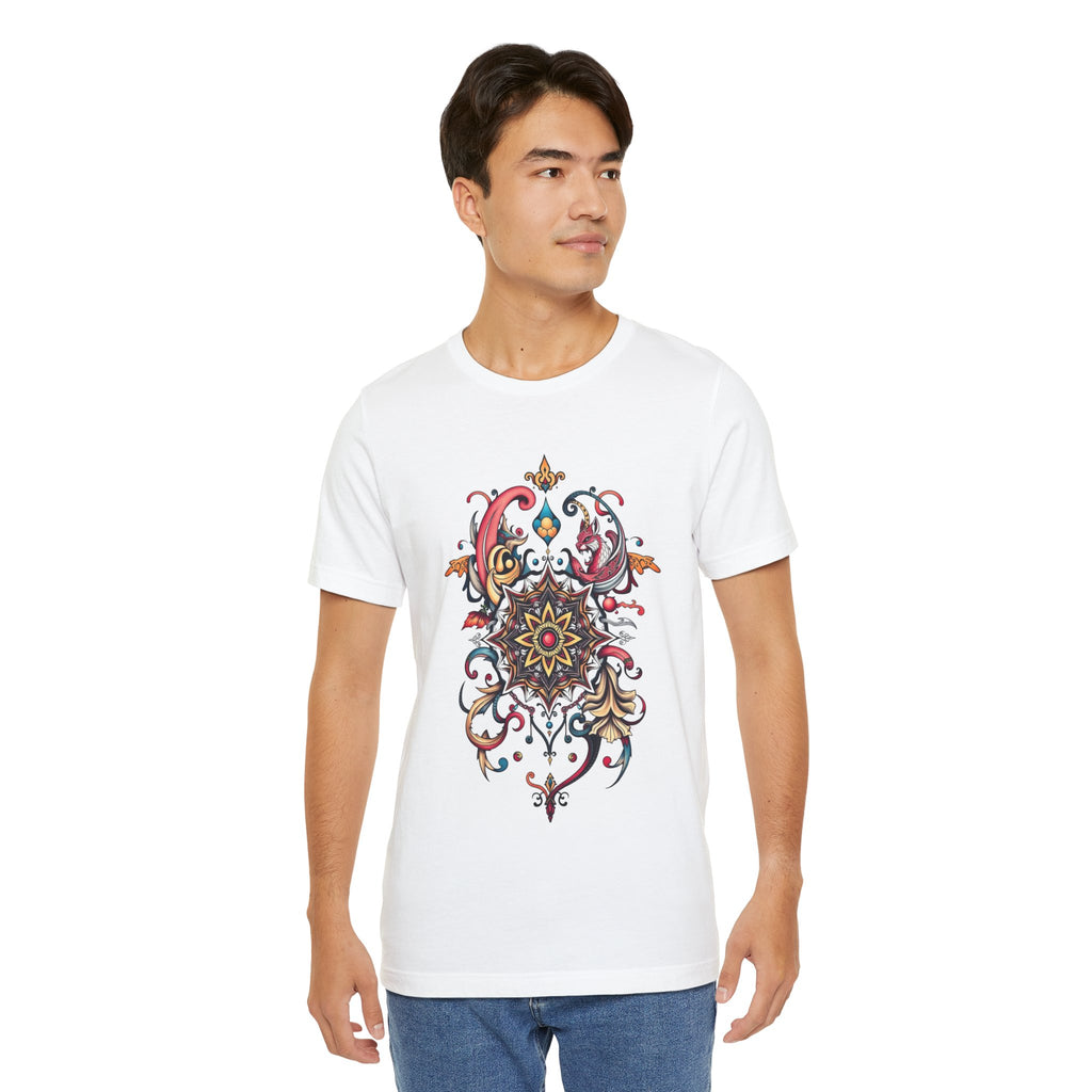 Vibrant tee with swirling mandala in reds, golds, and teal, available in many colors