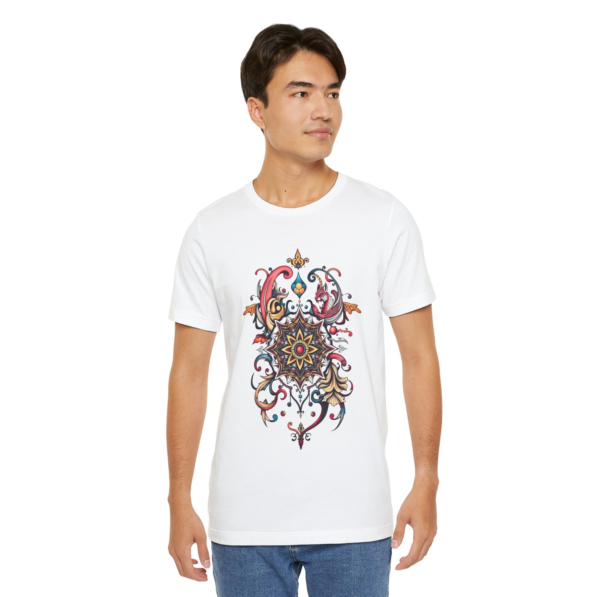 Vibrant tee with swirling mandala in reds, golds, and teal, available in many colors