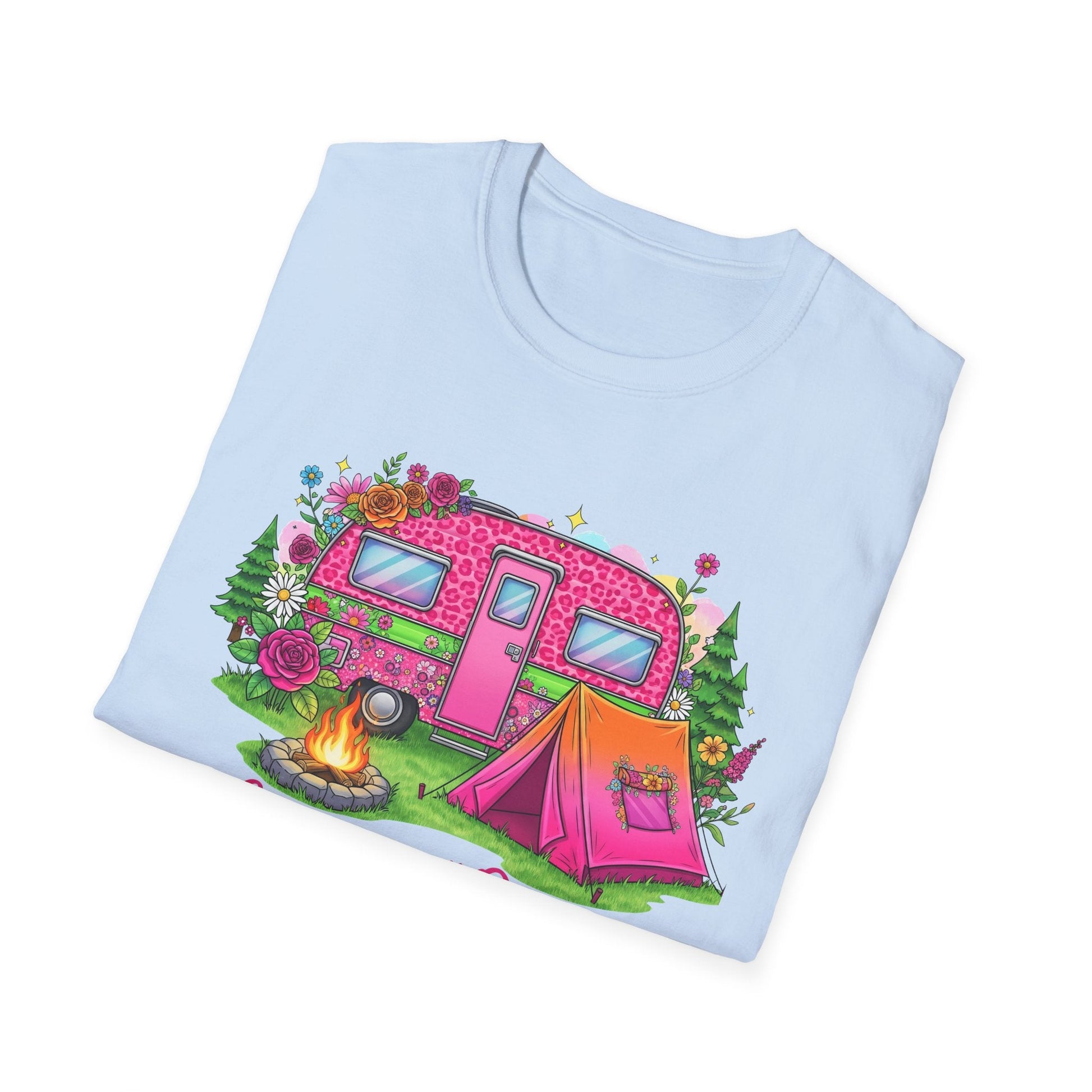 Folded light blue Camping Queen T-Shirt with colorful camper and tent illustration surrounded by flowers and trees.