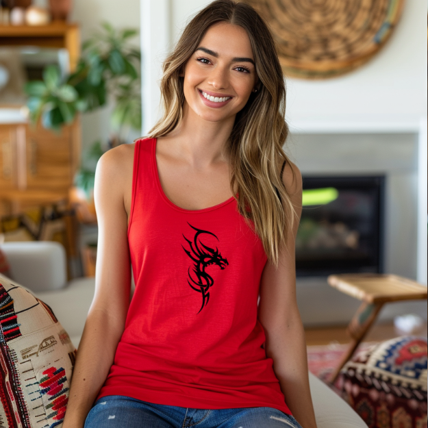 Racerback tank with a fierce black tribal dragon for bold, edgy style
