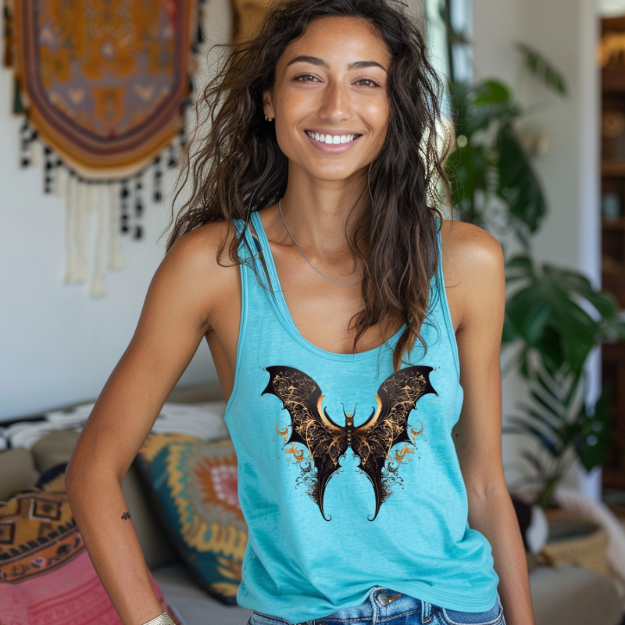 Racerback tank with an elegant black and gold bat-wing motif for daring boho style
