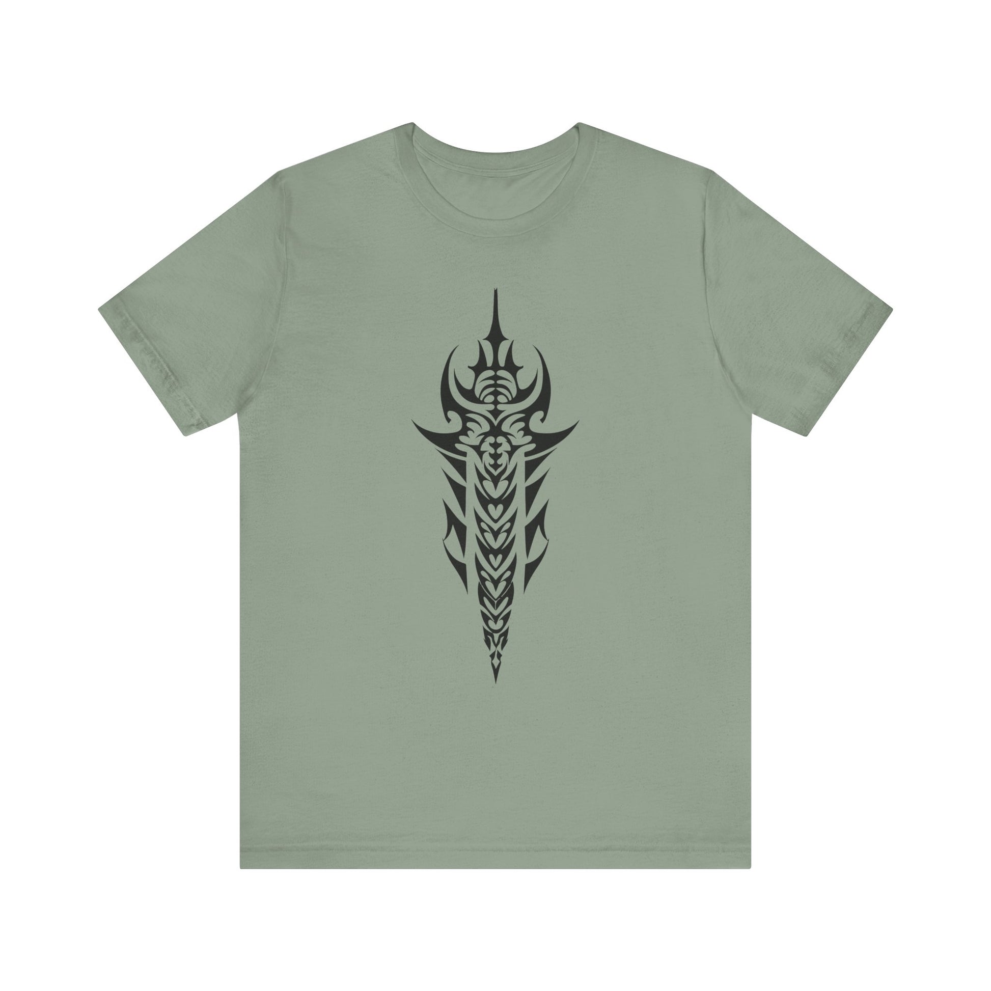 Tribal Sword T-Shirt – Bold Black Tattoo Art on Aqua Tee