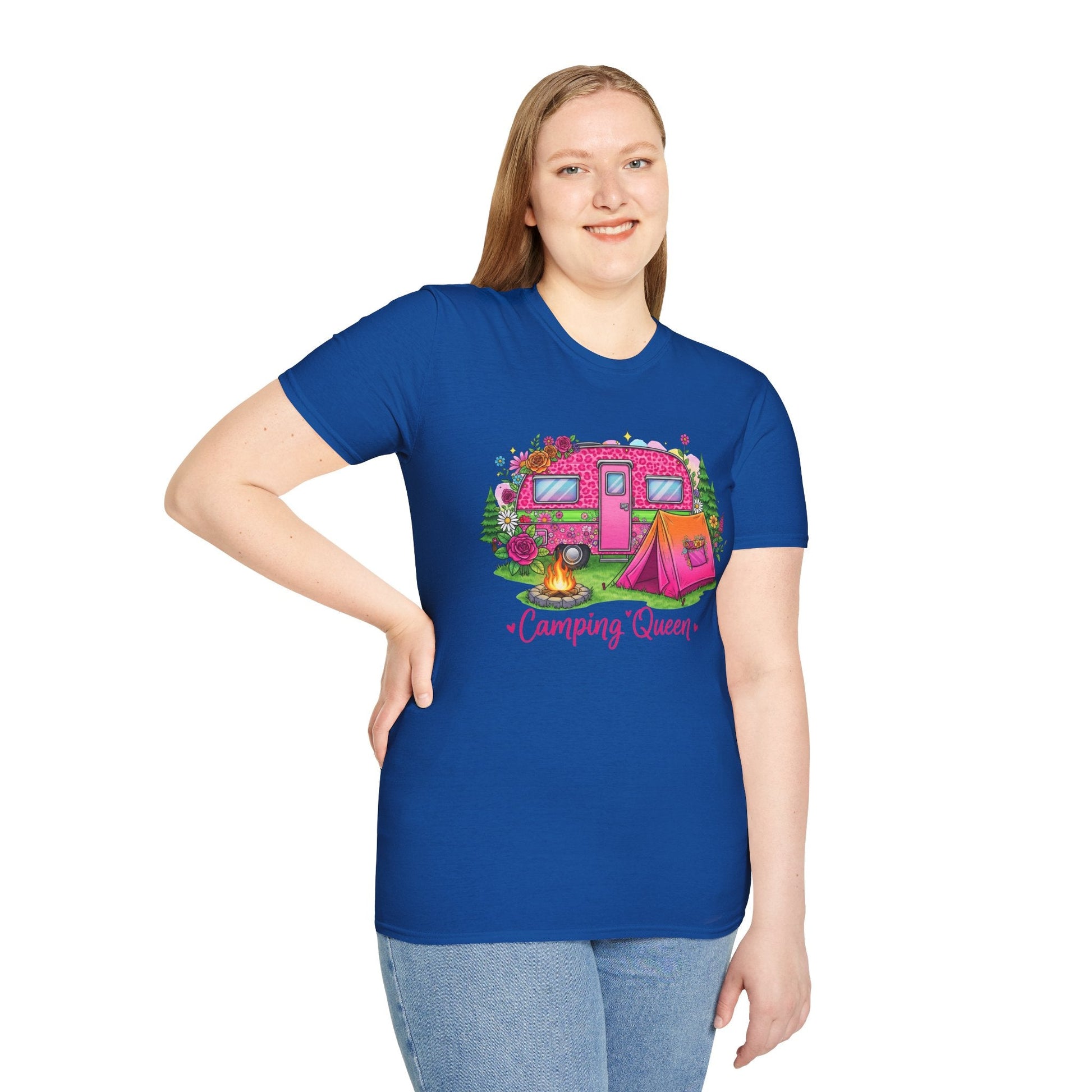 Woman wearing blue Camping Queen T-Shirt with pink camper, tent, campfire graphic