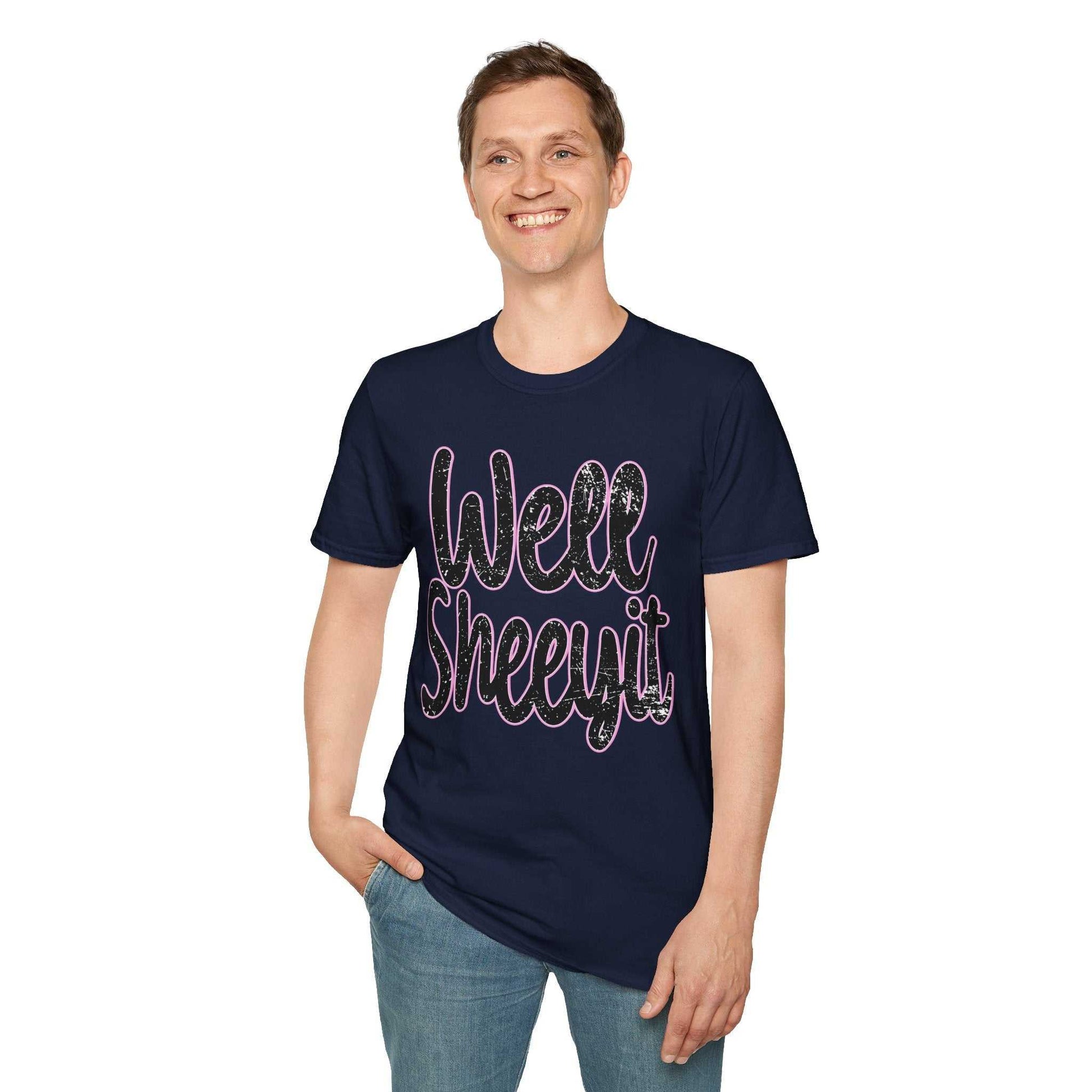 Casual navy statement tee with "Well Sheeyit" funny quote, soft unisex cotton shirt for everyday wear and gifts.