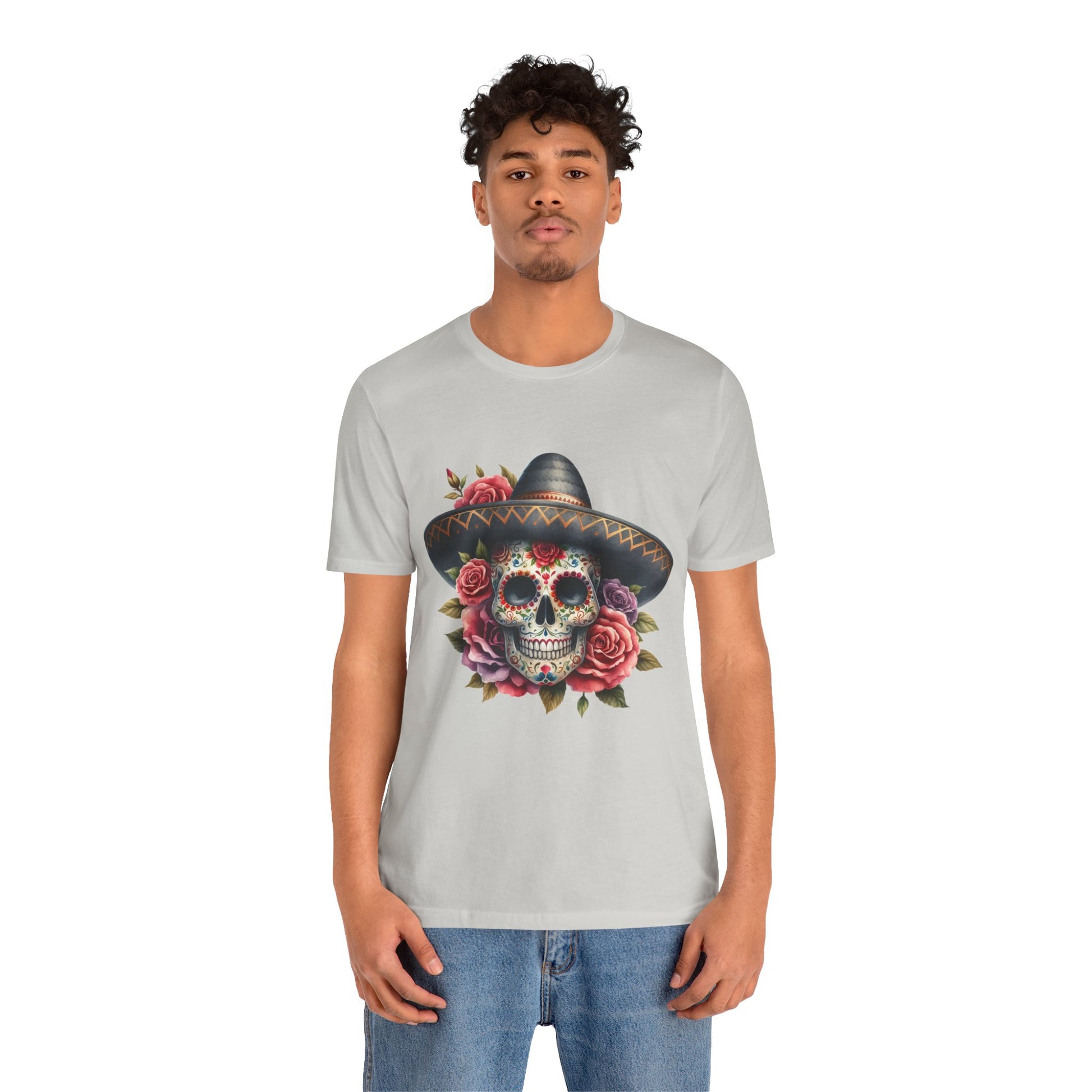 Colorful tee featuring a sugar skull in sombrero and roses for vibrant fiesta vibes