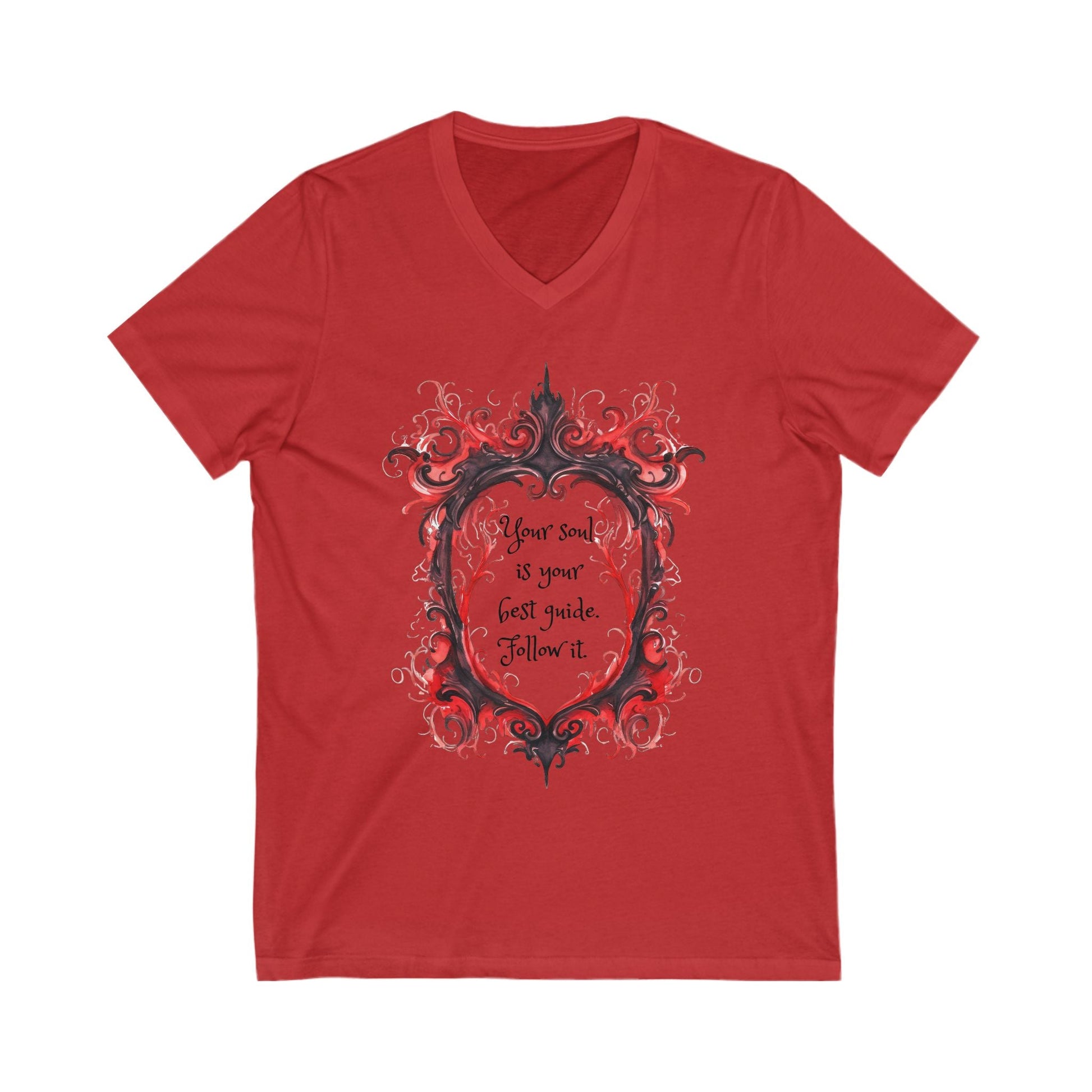 Red inspirational V-neck tee with decorative frame and quote "Your soul is your best guide. Follow it."