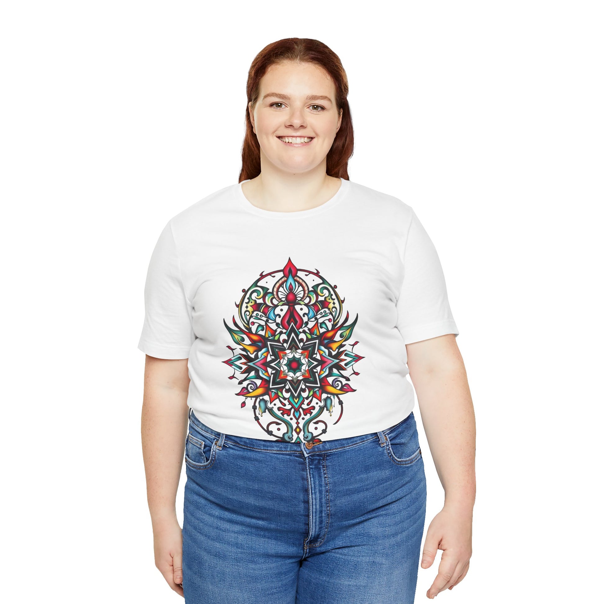 Bold tee featuring a vibrant, intricate mandala design, offered in multiple color options