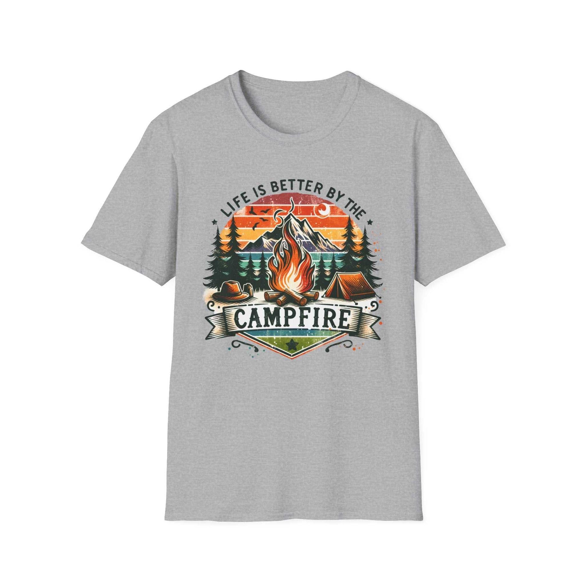 Grey unisex t-shirt with colorful campfire and camping scene graphic and text "Life is better by the campfire"