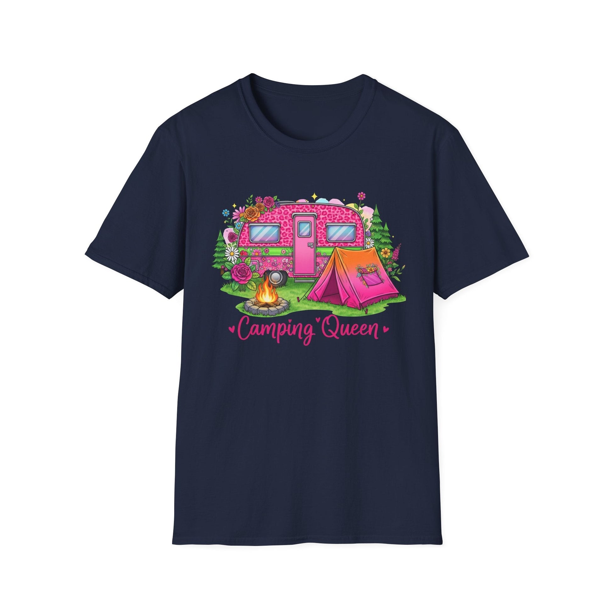 Camping Queen T-Shirt with pink camper, campfire, and tent graphic on navy blue cotton tee