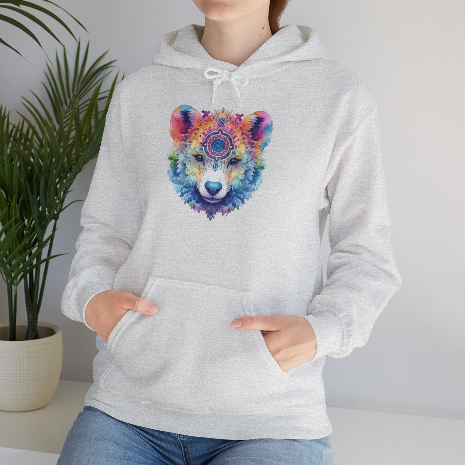 Mandala Bear Hoodie – Vibrant Watercolor Animal Art Sweatshirt for Bold, Free-Spirited Souls
