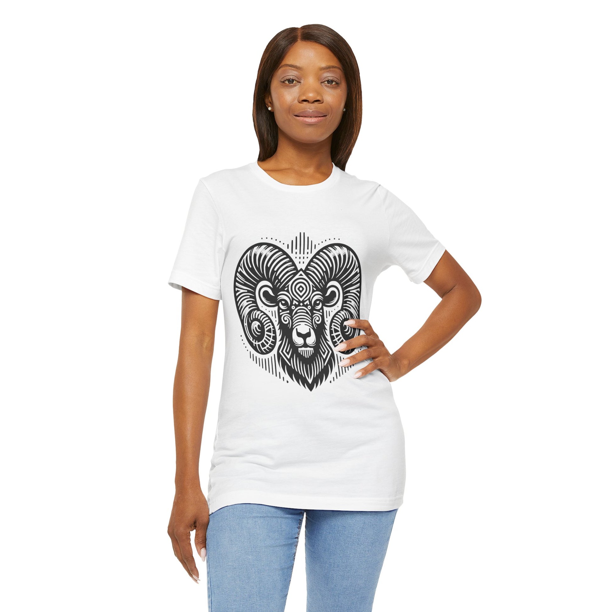 Striking tee with an intricate black tribal ram design, offered in vibrant color options