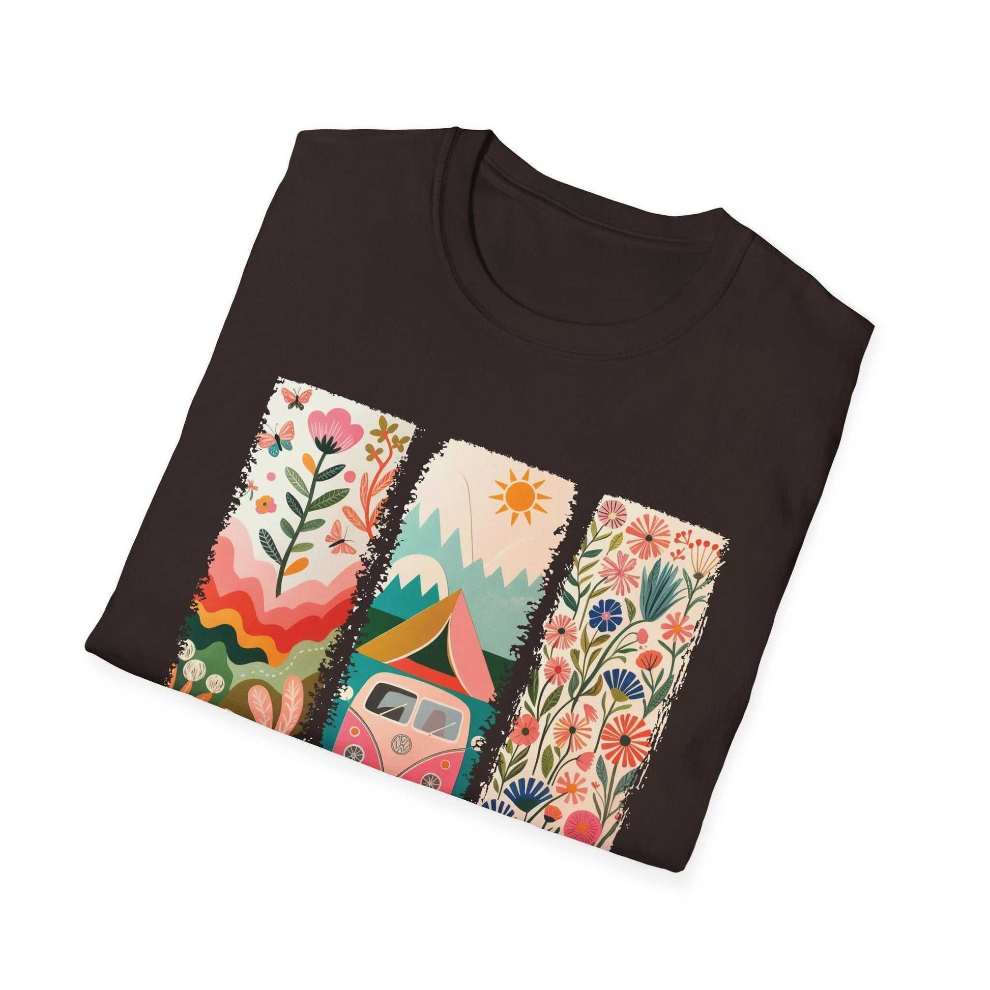 Unisex softstyle t-shirt with colorful camping adventure print featuring nature, tent, and floral designs