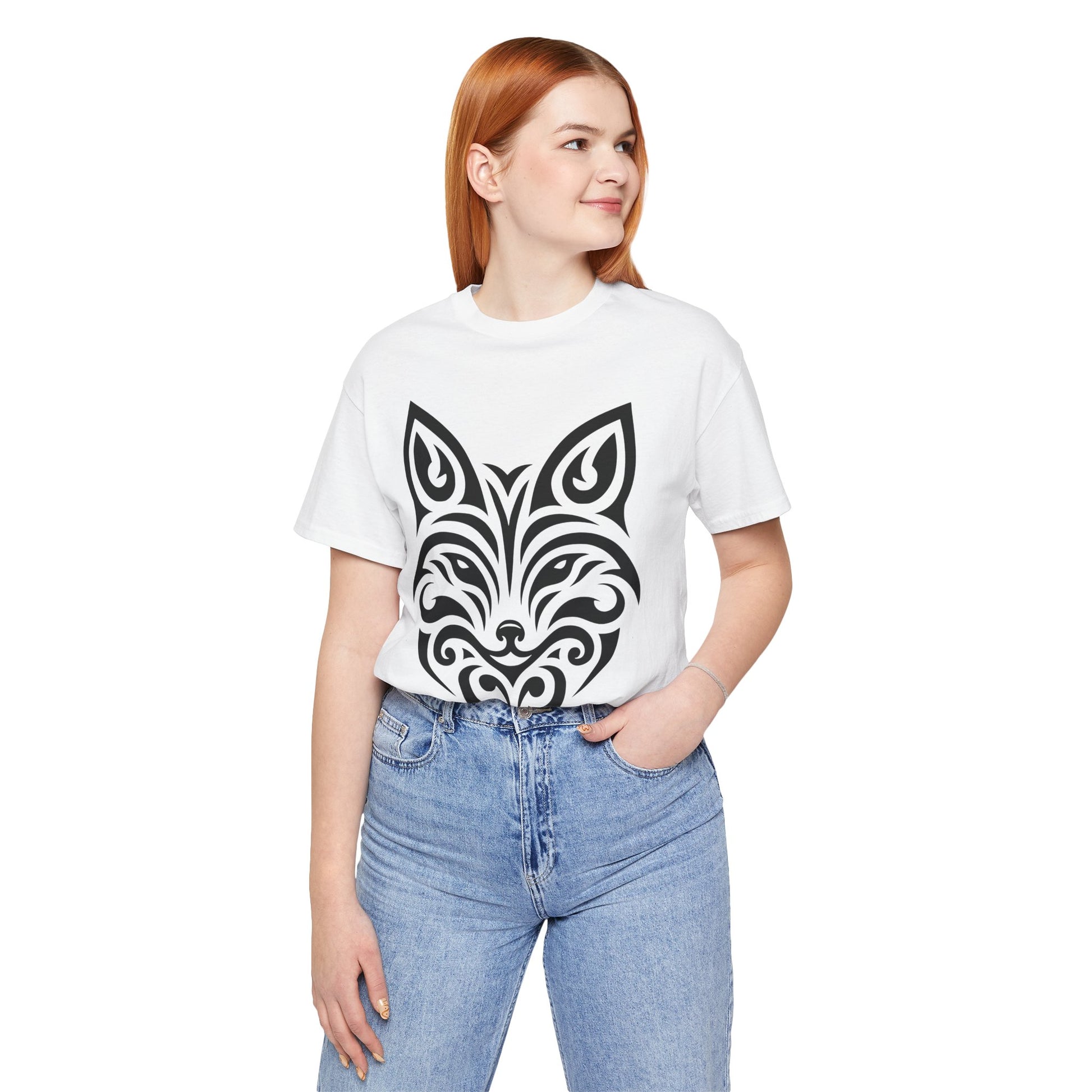 Sleek tee with a bold black tribal fox design, offered in multiple color choices