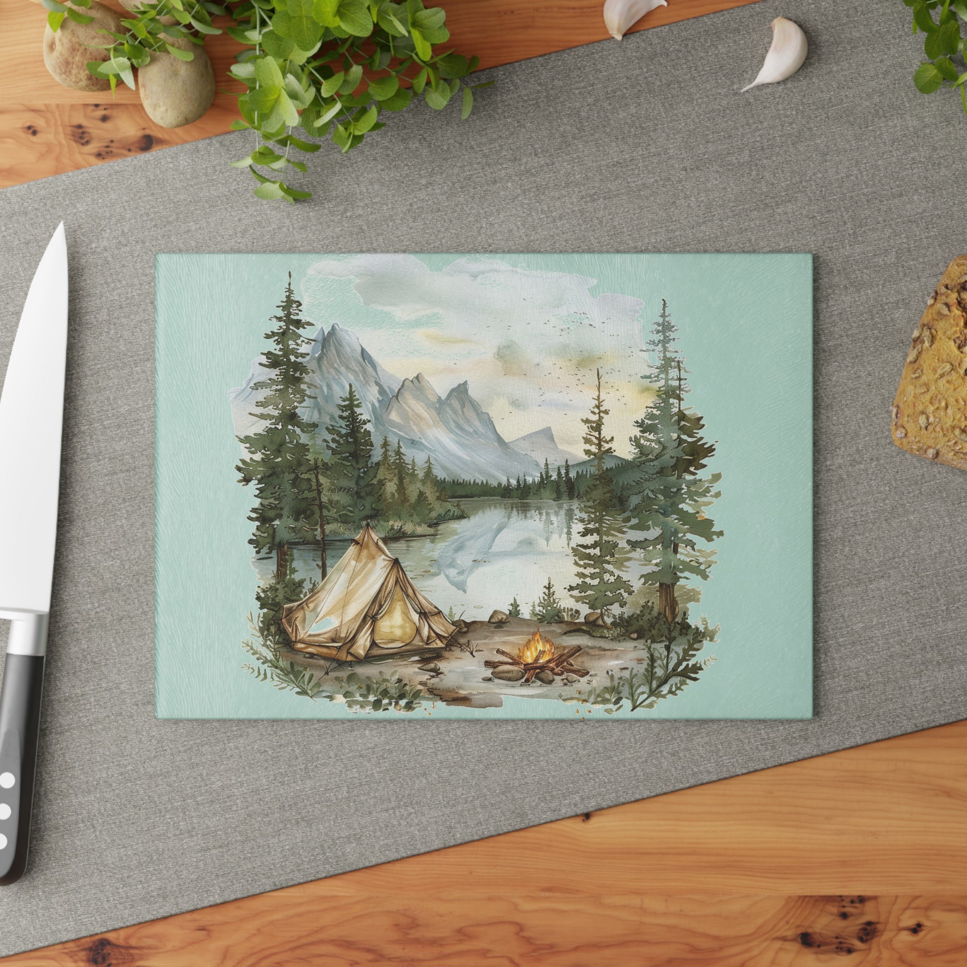 Mountain Lake Camp Scene Cutting Board – Rustic Wilderness Kitchen Decor
