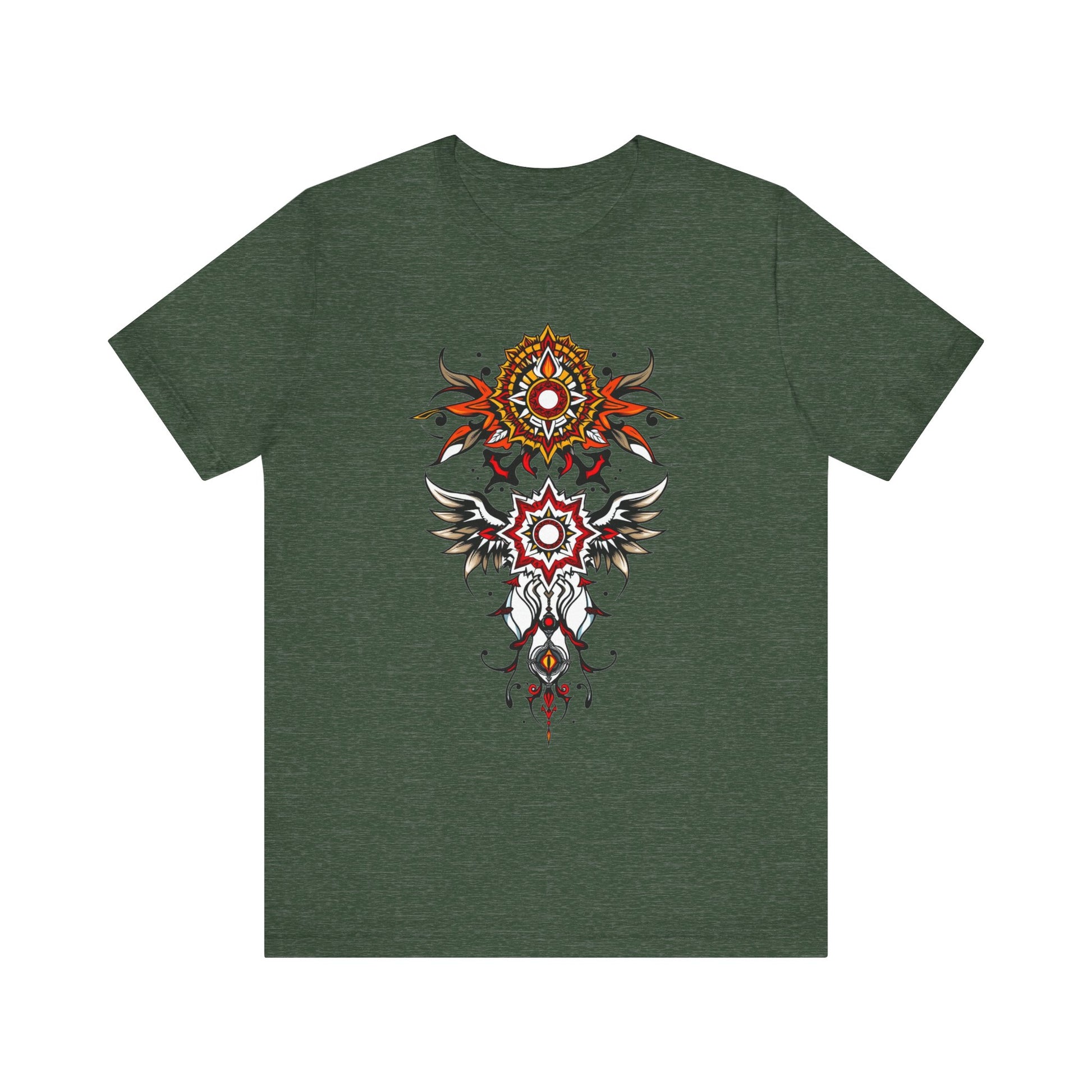 Turn heads in this tee, available in vibrant colors, showcasing a fiery red and gold tribal mandala for bold, artistic style