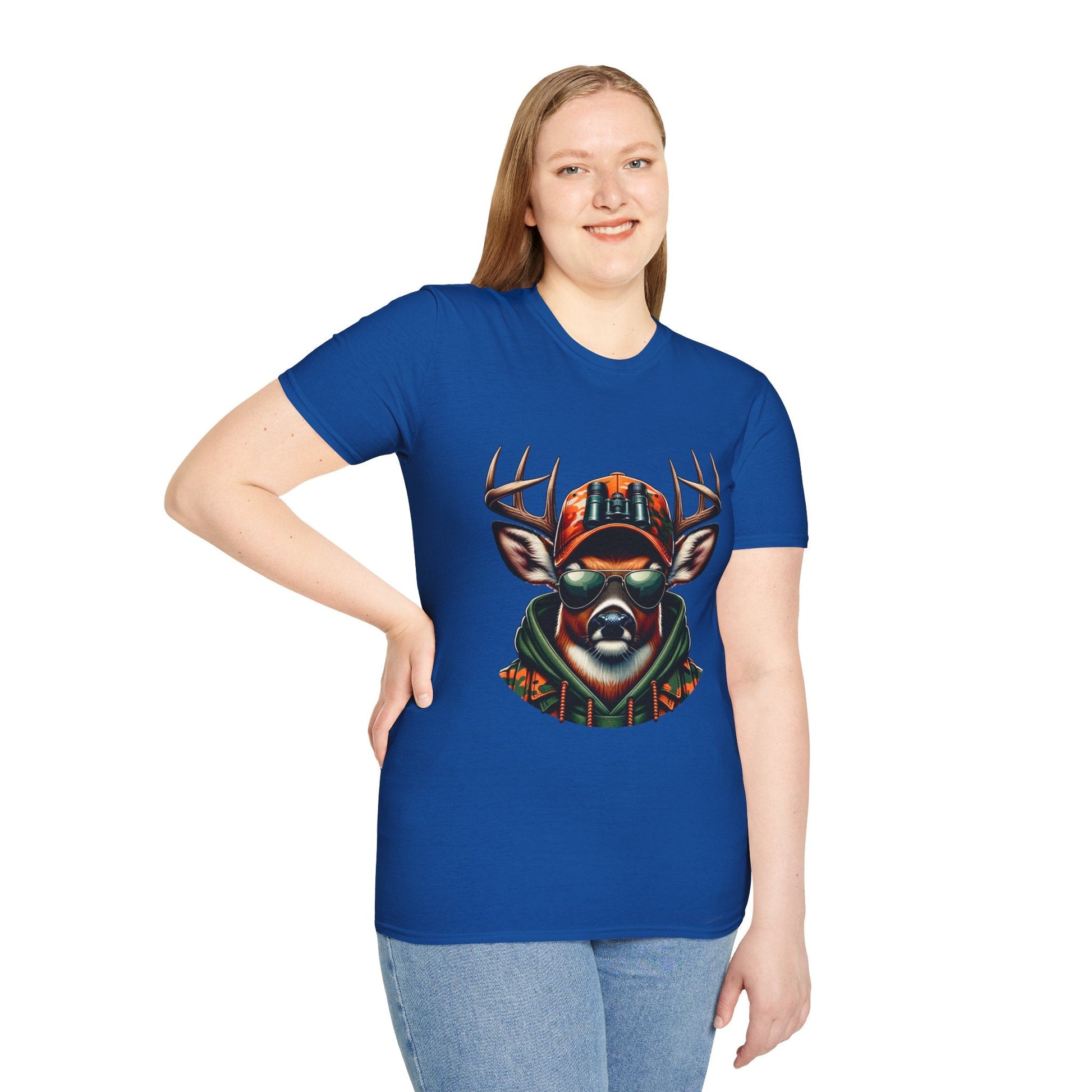 Blue Hunting Enthusiast T-Shirt featuring a cool deer with sunglasses and camouflage hat worn by a smiling woman