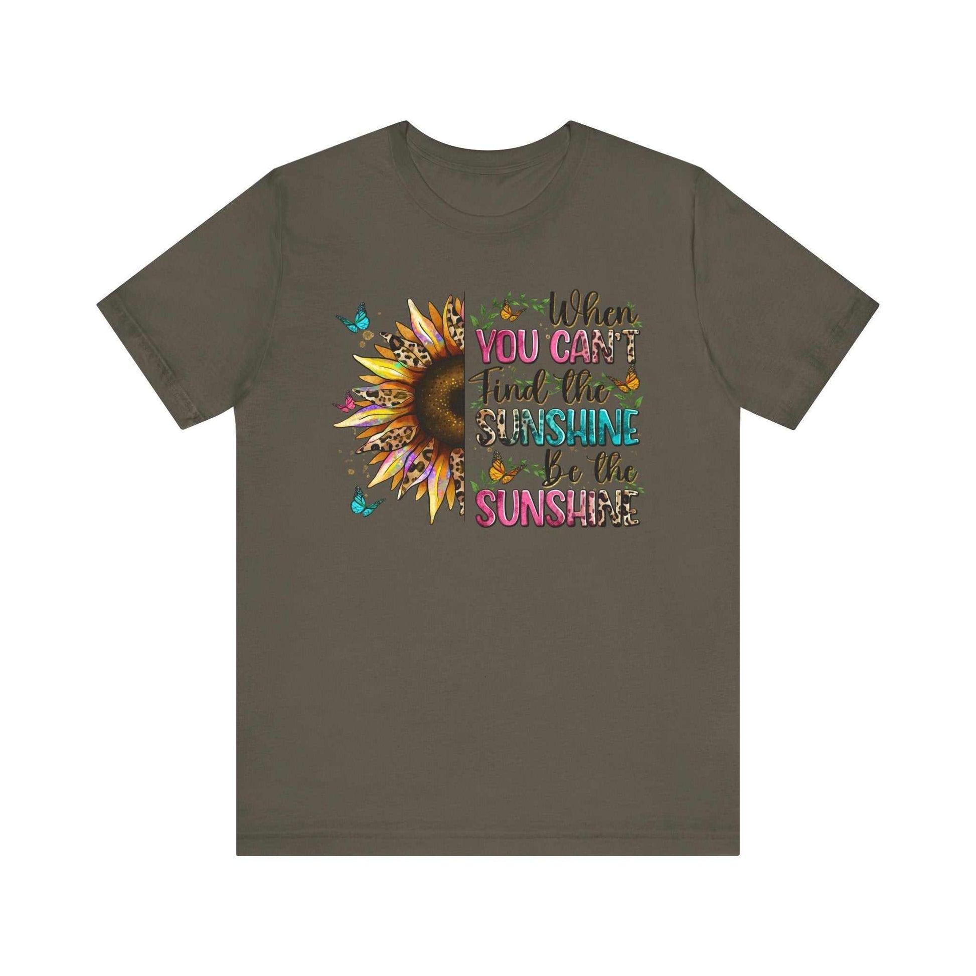 Unisex dark gray t-shirt with colorful sunflower and inspirational quote "When you can't find the sunshine be the sunshine" design
