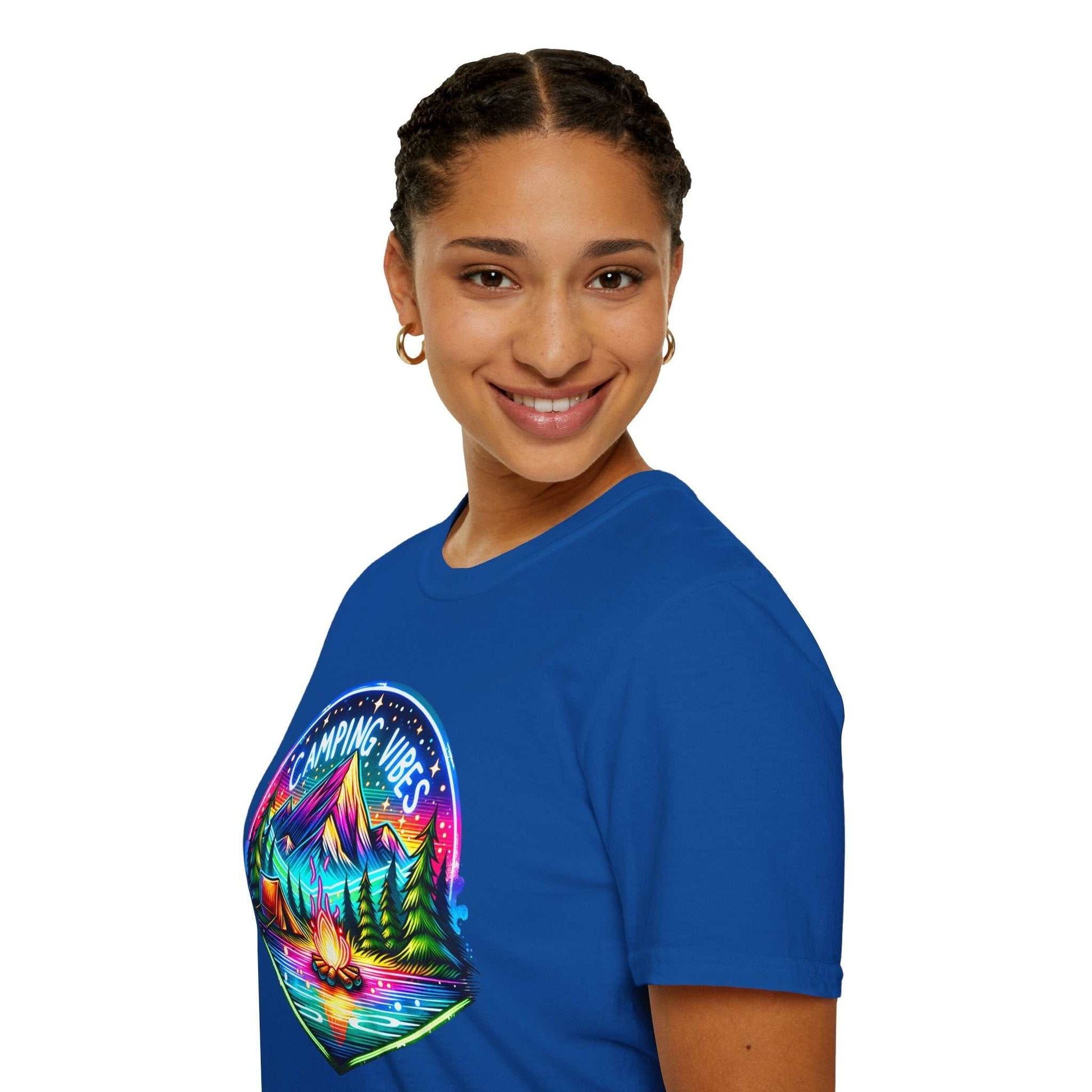 Camping Vibes Unisex softstyle t-shirt with vibrant camping scene graphic on blue fabric
