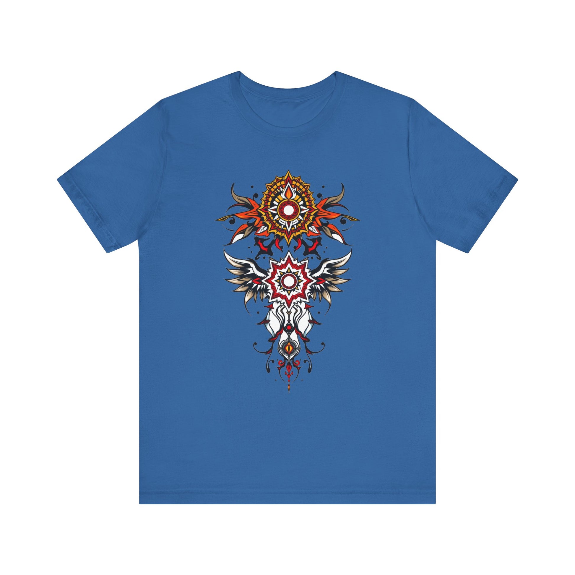 Turn heads in this tee, available in vibrant colors, showcasing a fiery red and gold tribal mandala for bold, artistic style