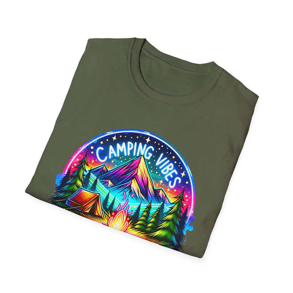 Unisex softstyle t-shirt in olive green with colorful Camping Vibes mountain and campfire design