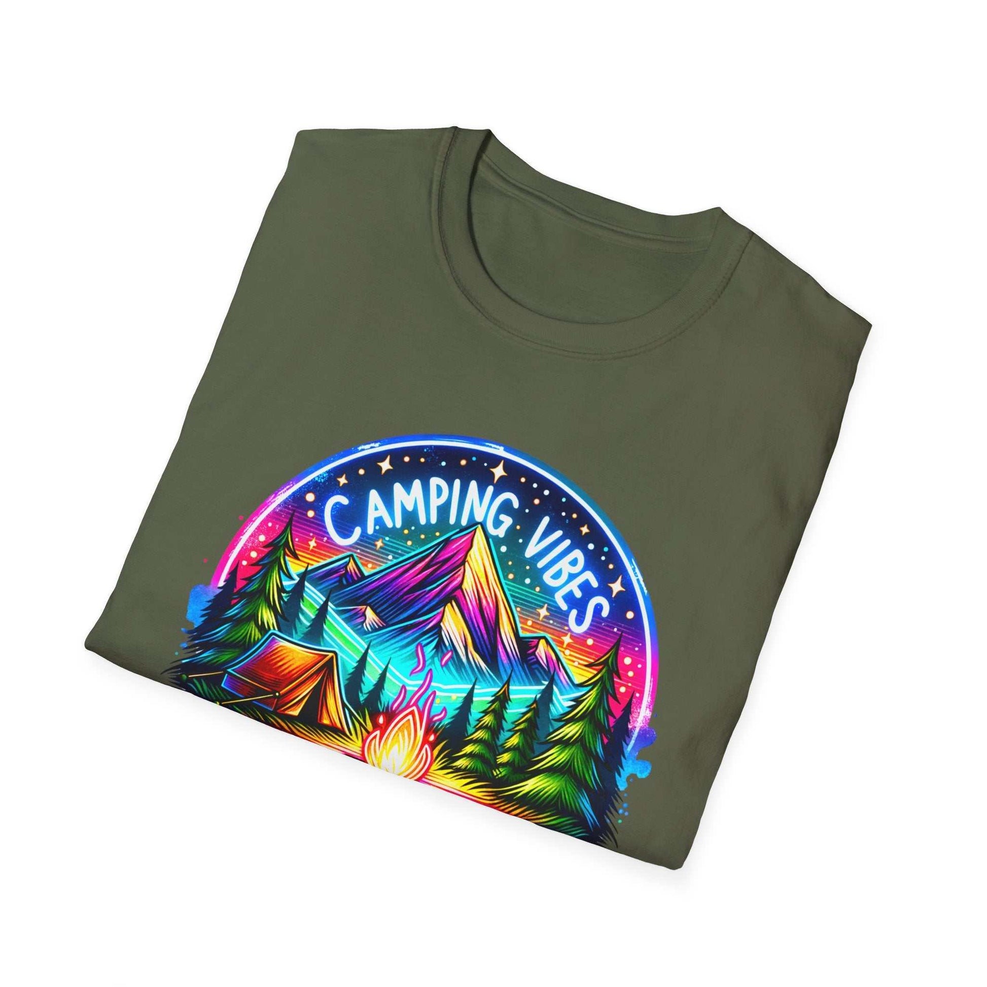 Unisex softstyle t-shirt in olive green with colorful Camping Vibes mountain and campfire design