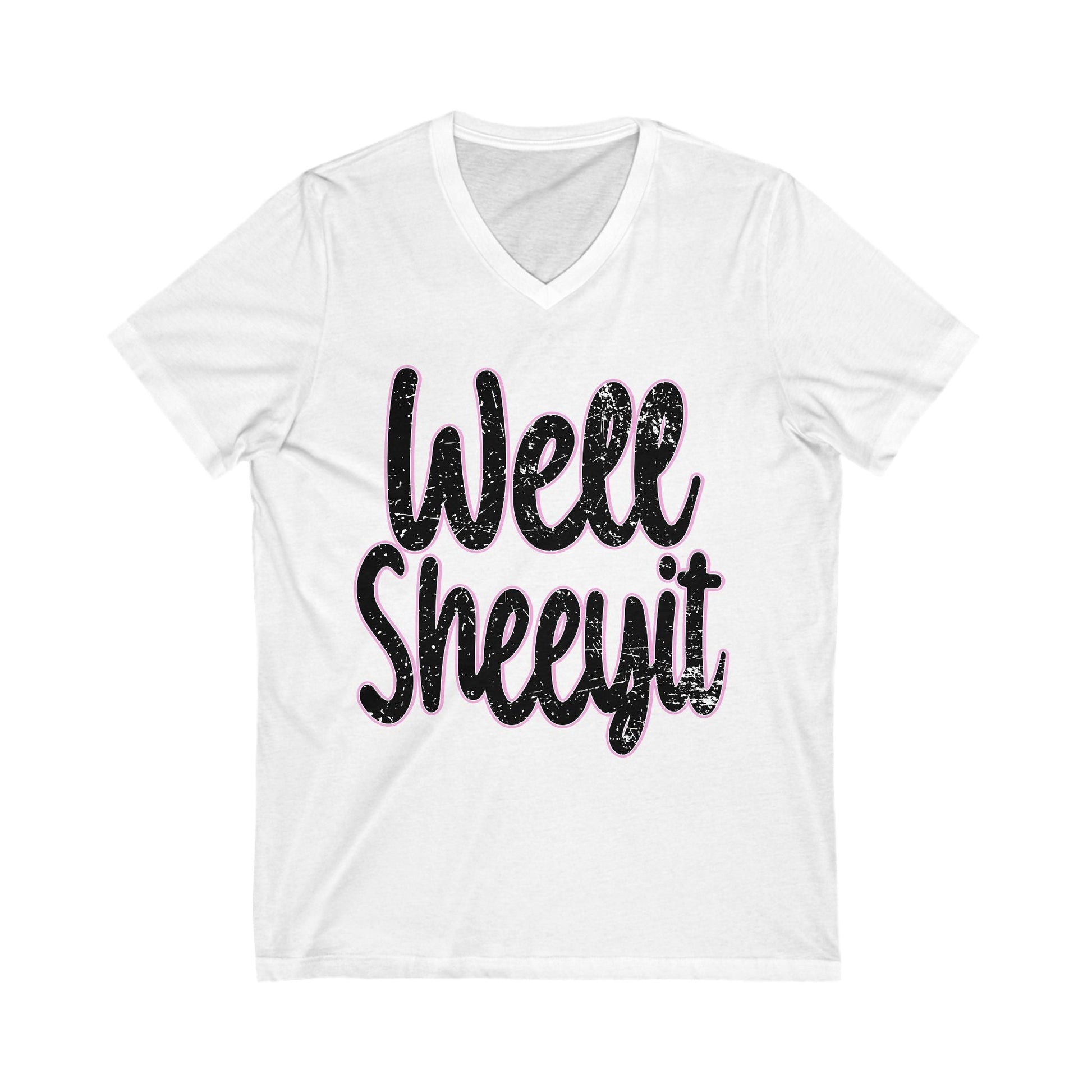 White unisex Well Sheeyit V-neck cotton tee with bold black text design