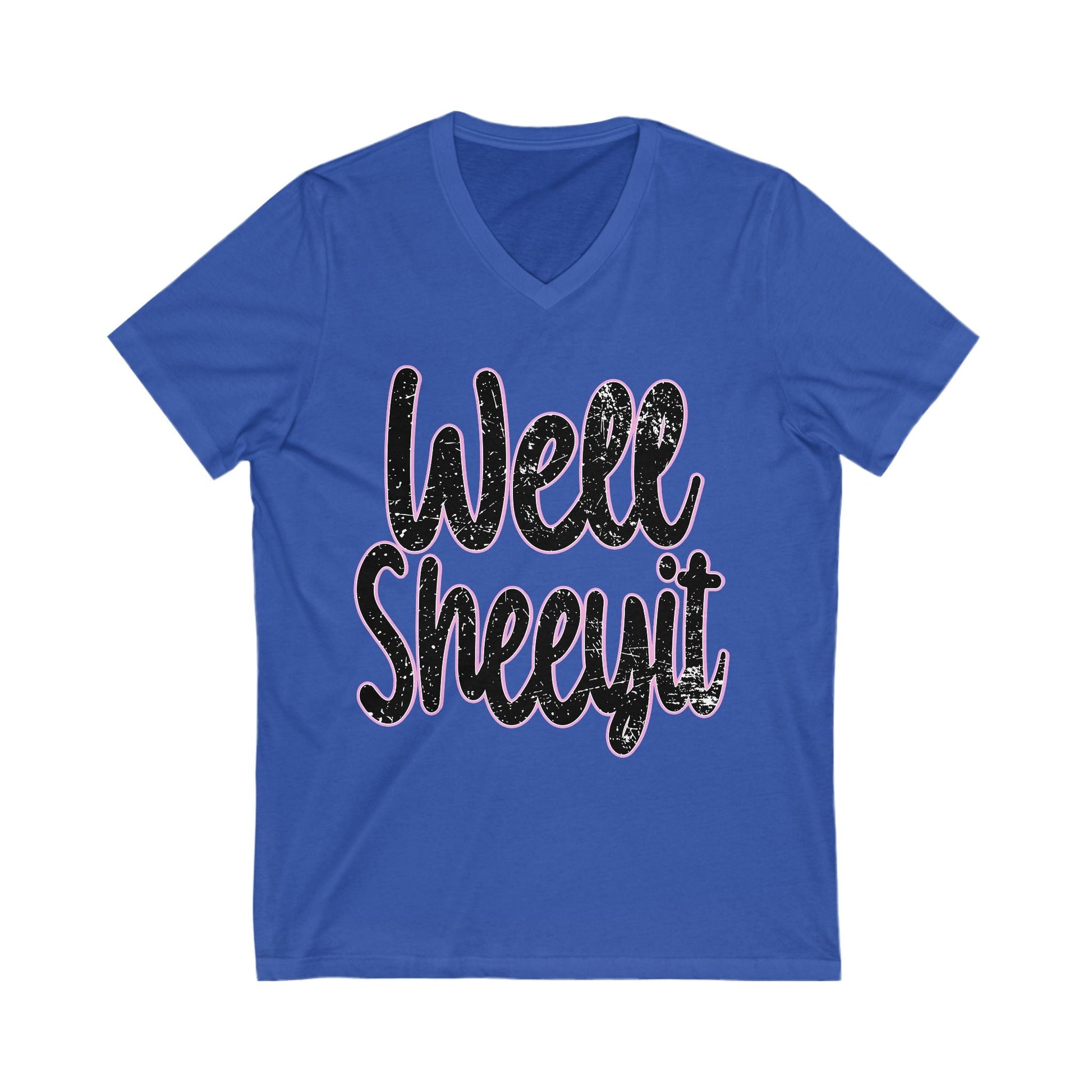 Blue Well Sheeyit V-Neck Tee with bold black and pink text, lightweight cotton, casual unisex shirt