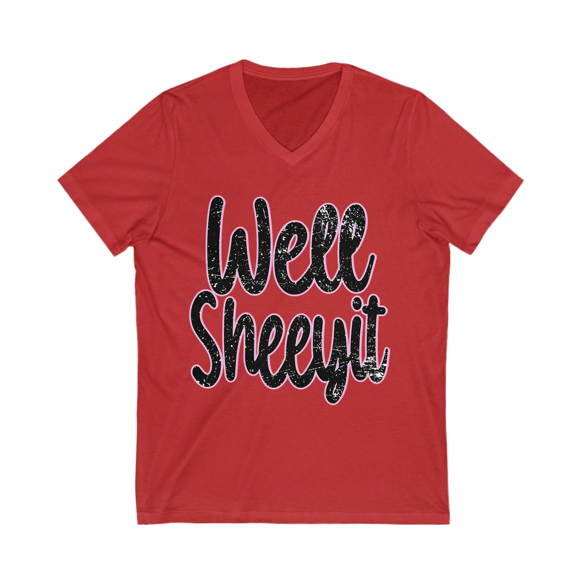 Red Well Sheeyit V-Neck Tee with black distressed text design, lightweight cotton fabric, unisex fit