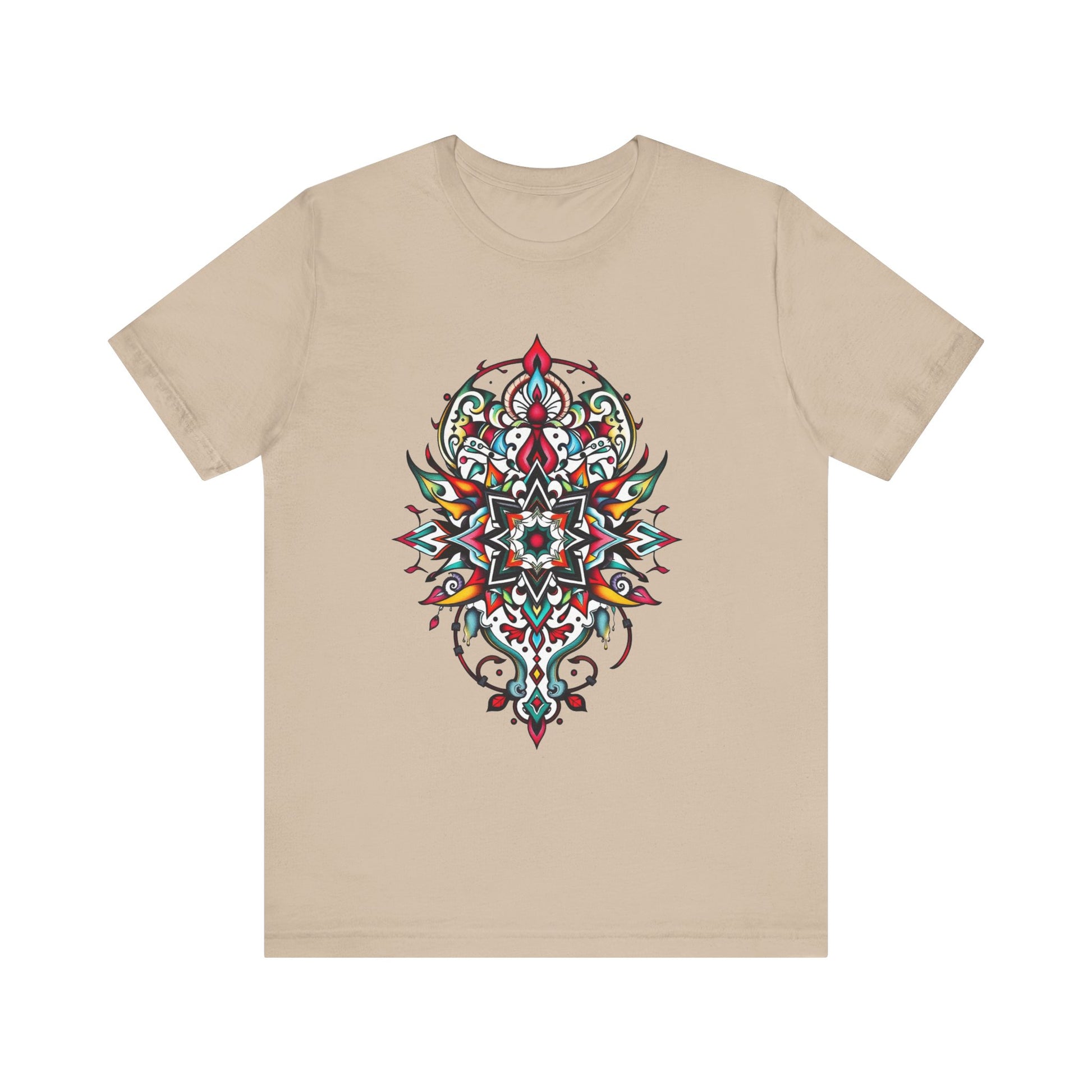 Bold tee featuring a vibrant, intricate mandala design, offered in multiple color options
