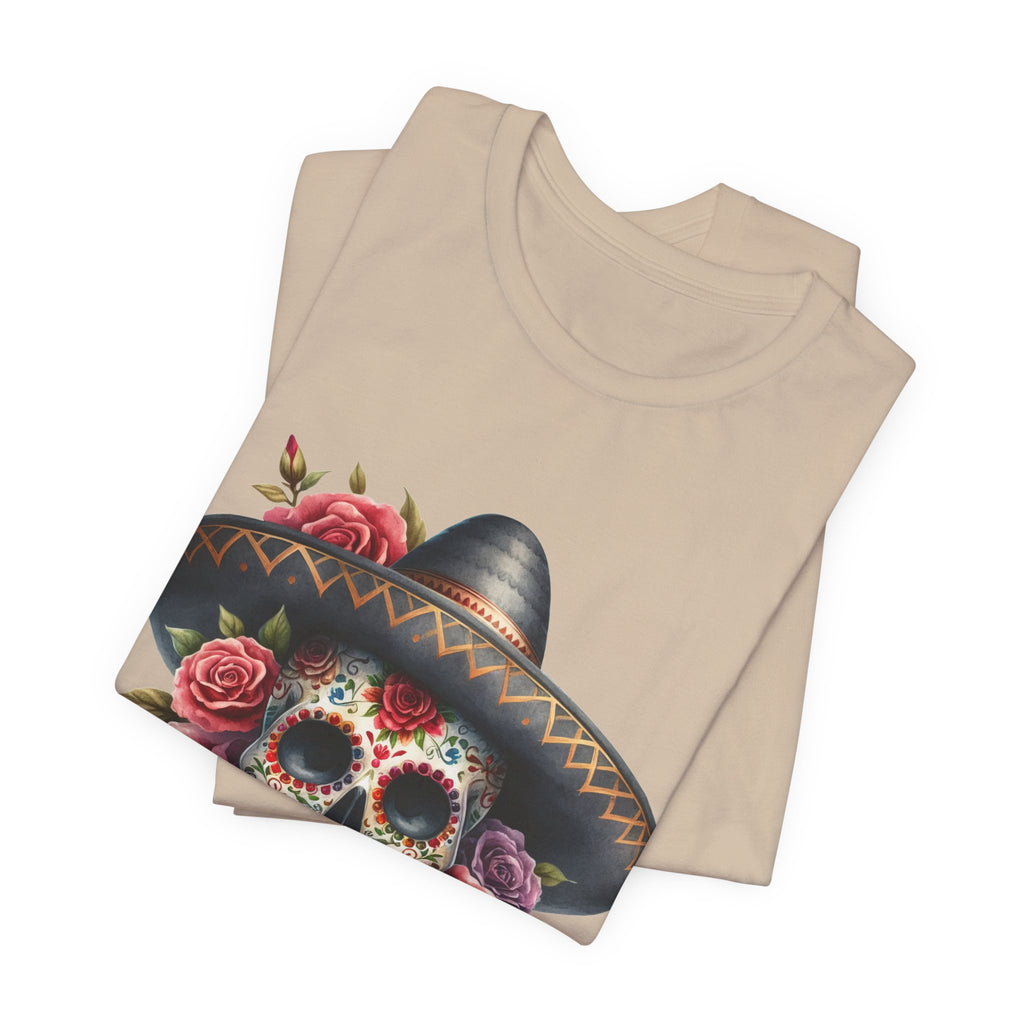 Colorful tee featuring a sugar skull in sombrero and roses for vibrant fiesta vibes