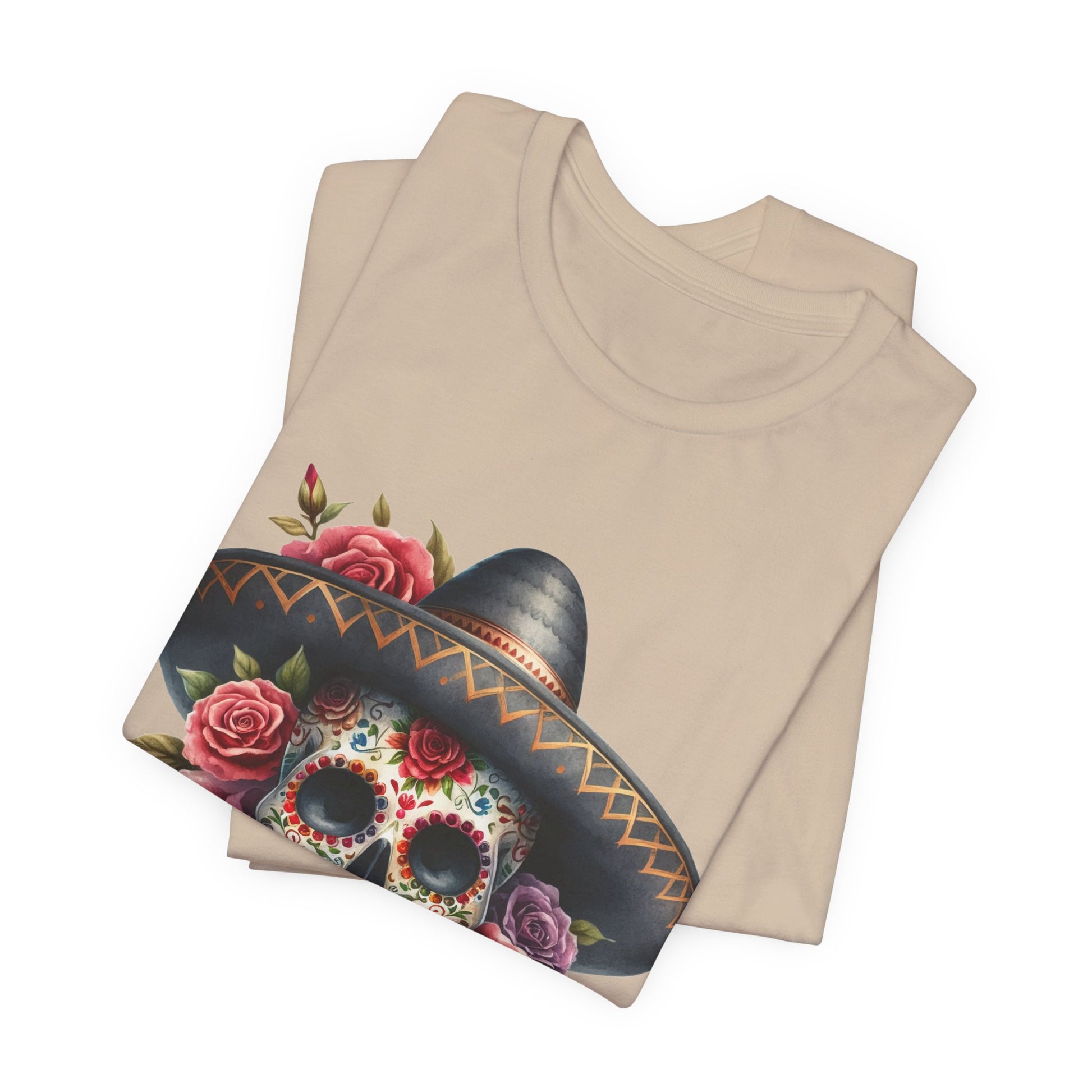 Colorful tee featuring a sugar skull in sombrero and roses for vibrant fiesta vibes