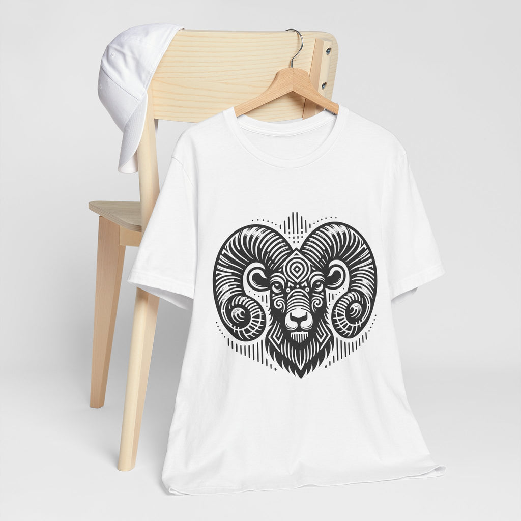 Striking tee with an intricate black tribal ram design, offered in vibrant color options