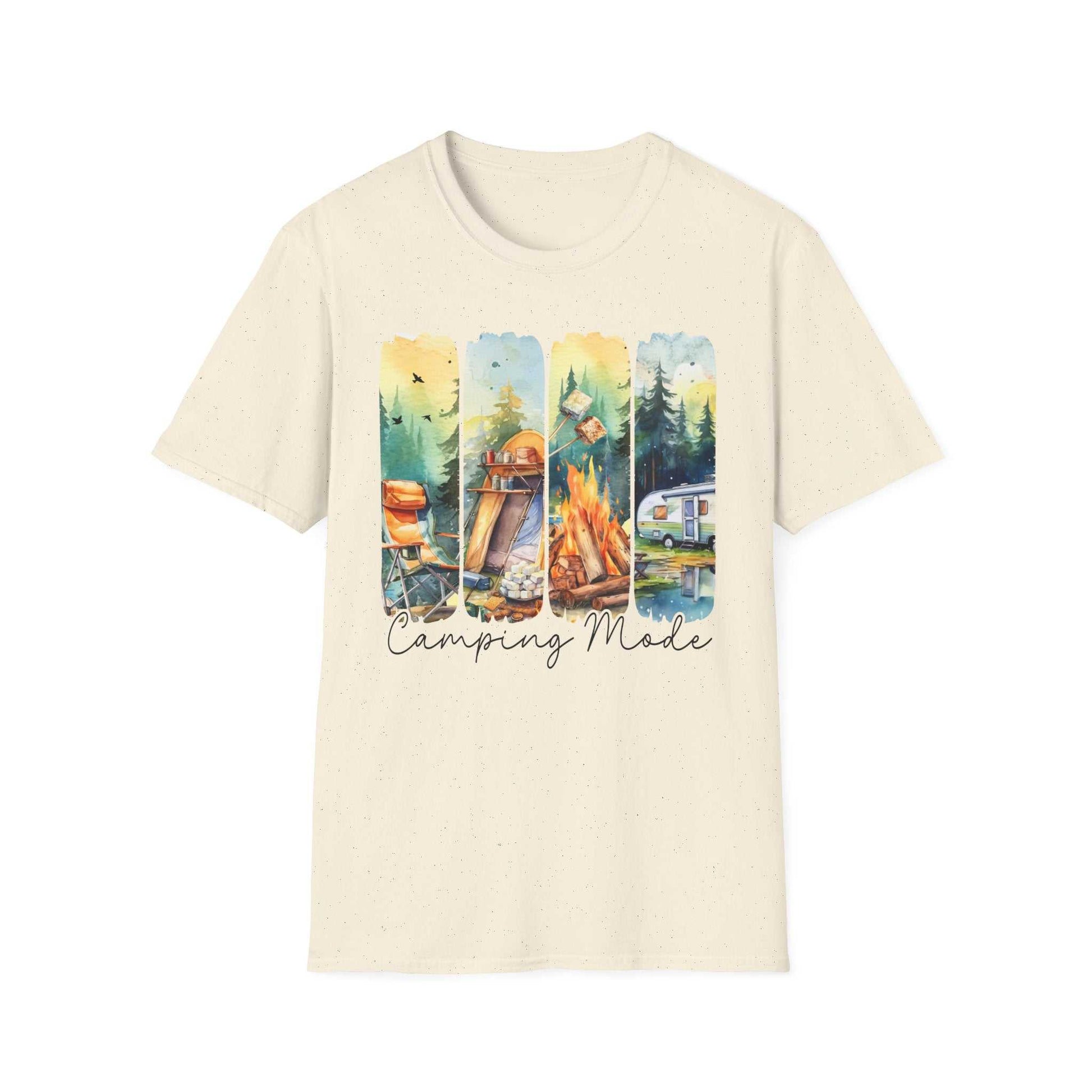 Unisex beige camping t-shirt with colorful outdoor scenes and "Camping Mode" text design