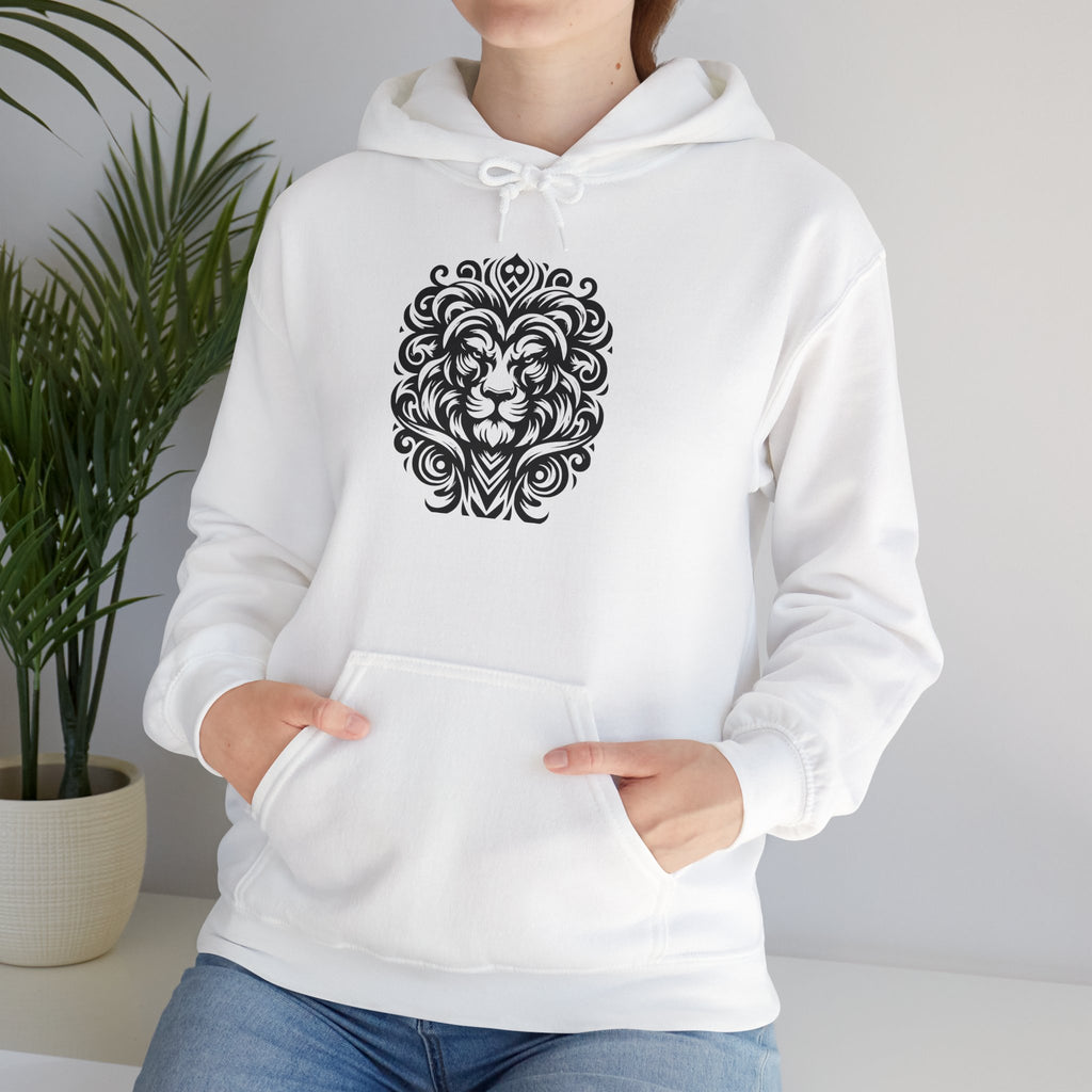 Majestic Tribal Lion Hoodie – Bold Strength in Black Ink Art