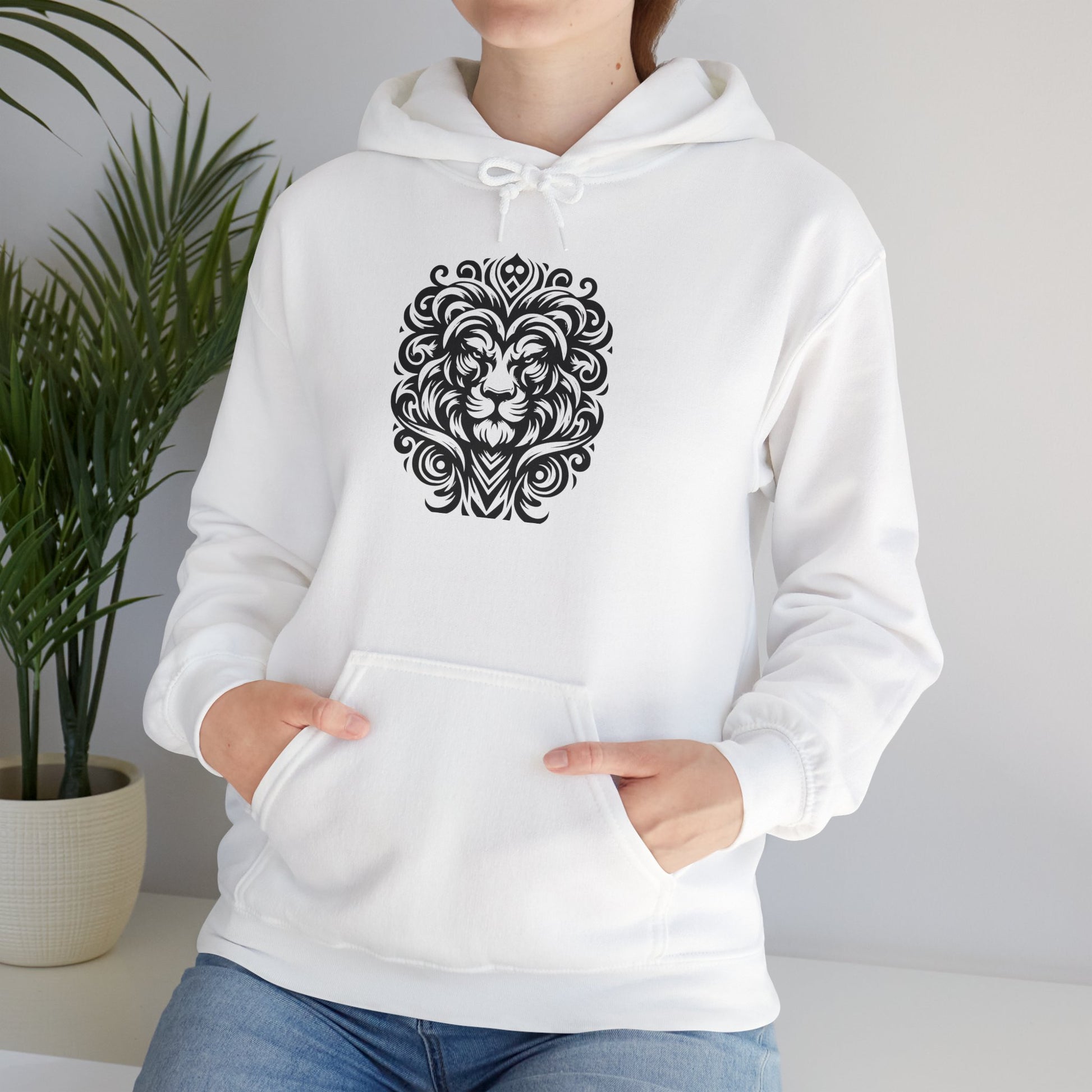 Majestic Tribal Lion Hoodie – Bold Strength in Black Ink Art