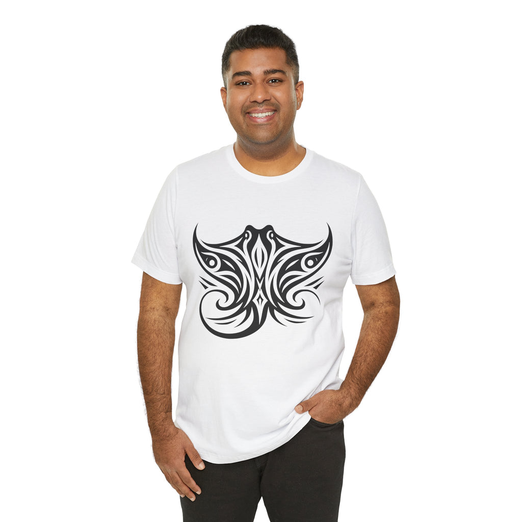 Tribal Manta Ray Tee – Bold Ocean Spirit Art on Sand-Colored Shirt