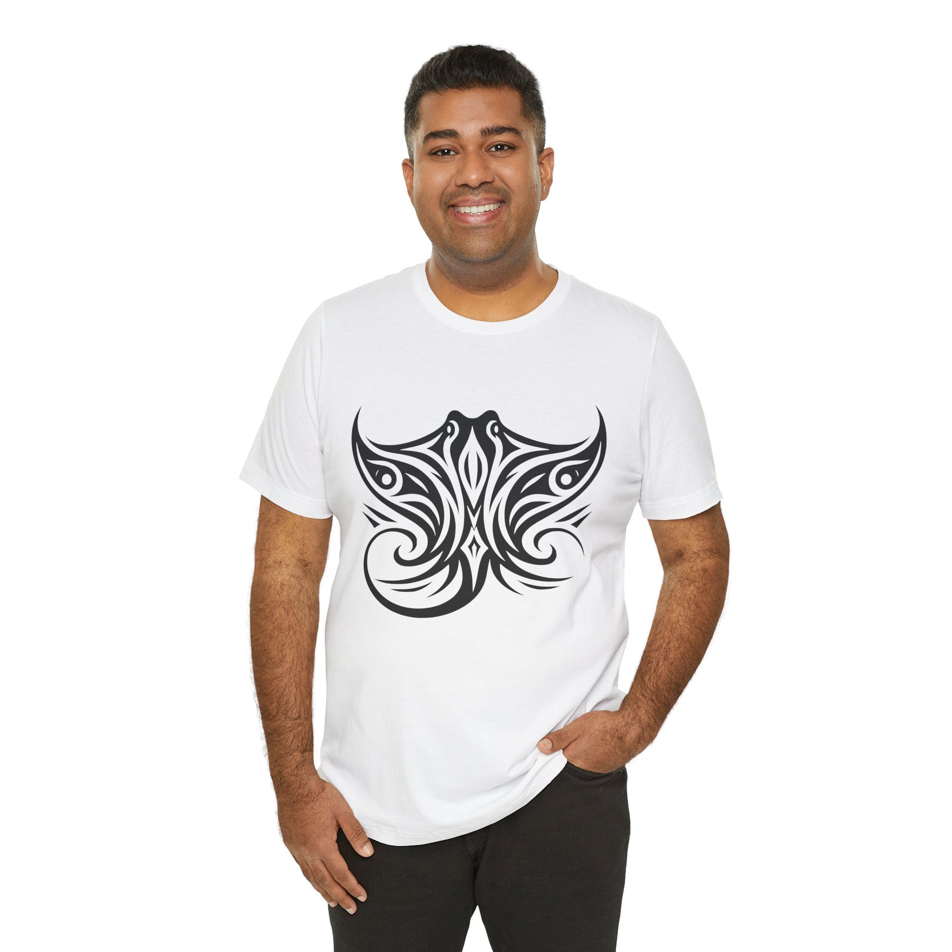 Tribal Manta Ray Tee – Bold Ocean Spirit Art on Sand-Colored Shirt