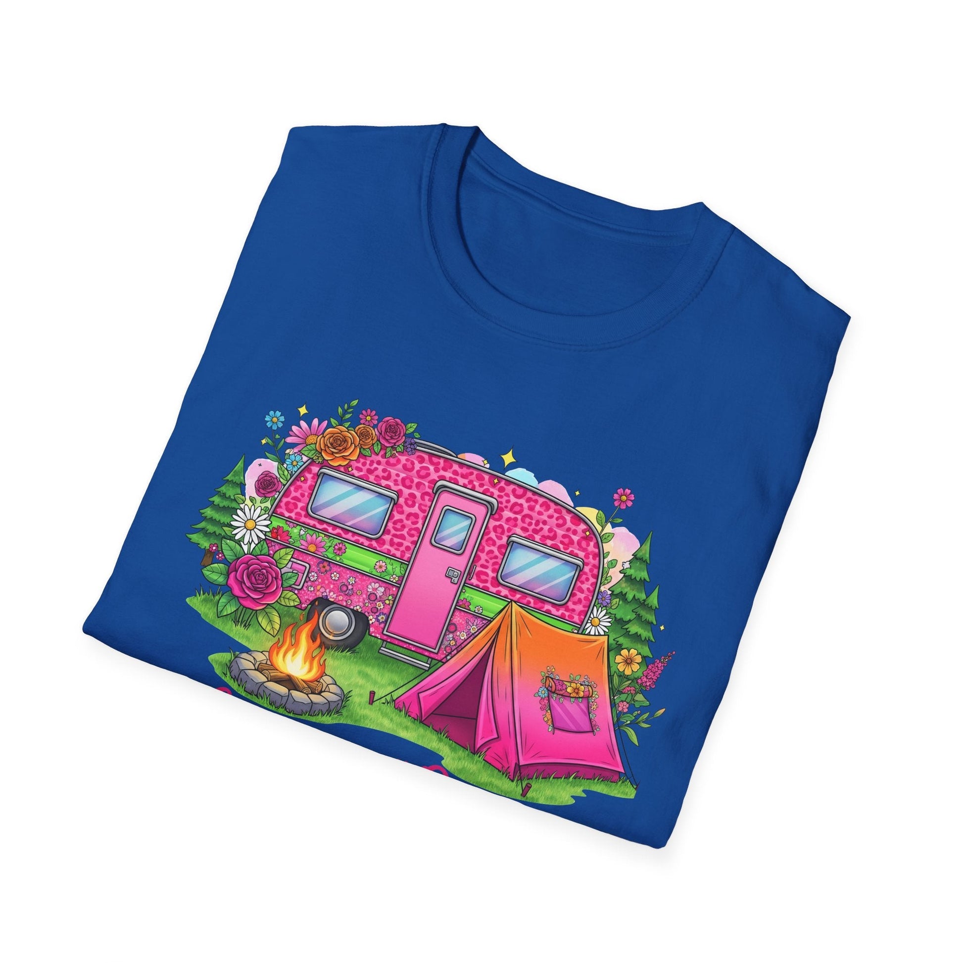 Blue Camping Queen T-Shirt featuring colorful camper, tent, campfire, and floral design