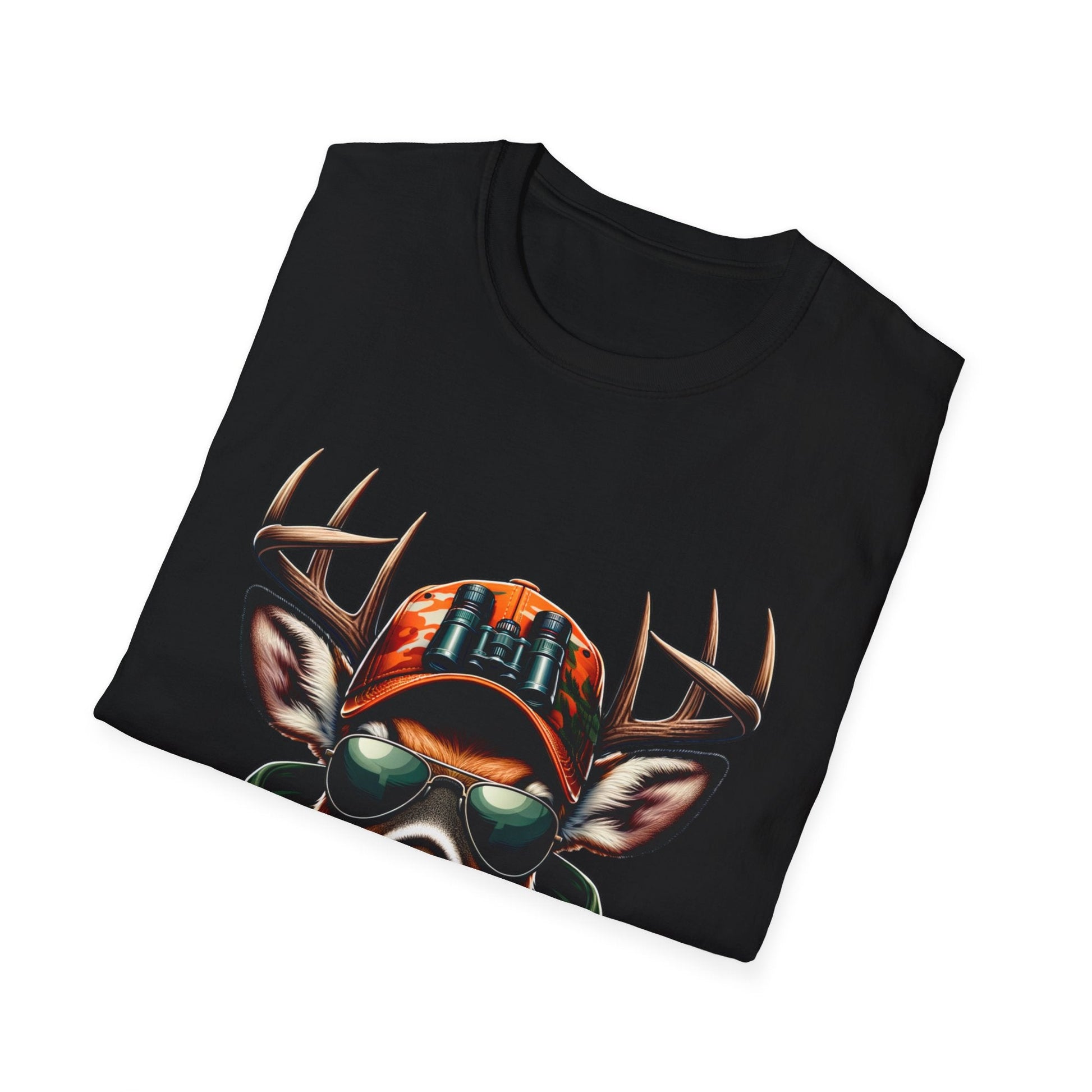 Black Hunting Enthusiast T-Shirt featuring a deer wearing a camo hat with binoculars and sunglasses, made of soft 100% cotton, unisex style.
